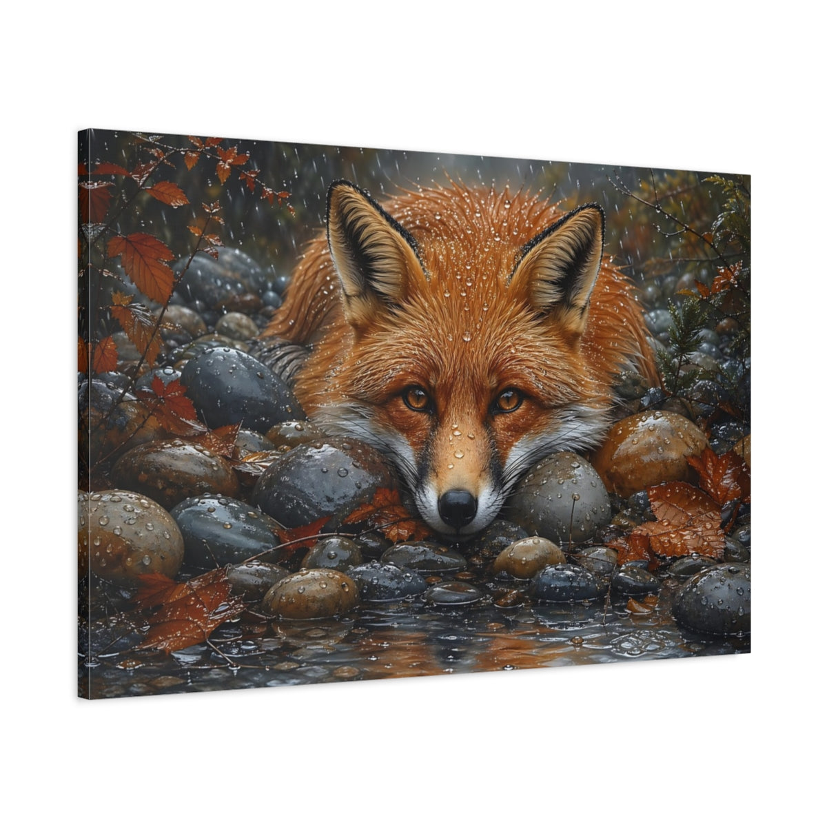 Main Mockup. Animals Fox Orange Fox Rain shown as stretched canvas wall art