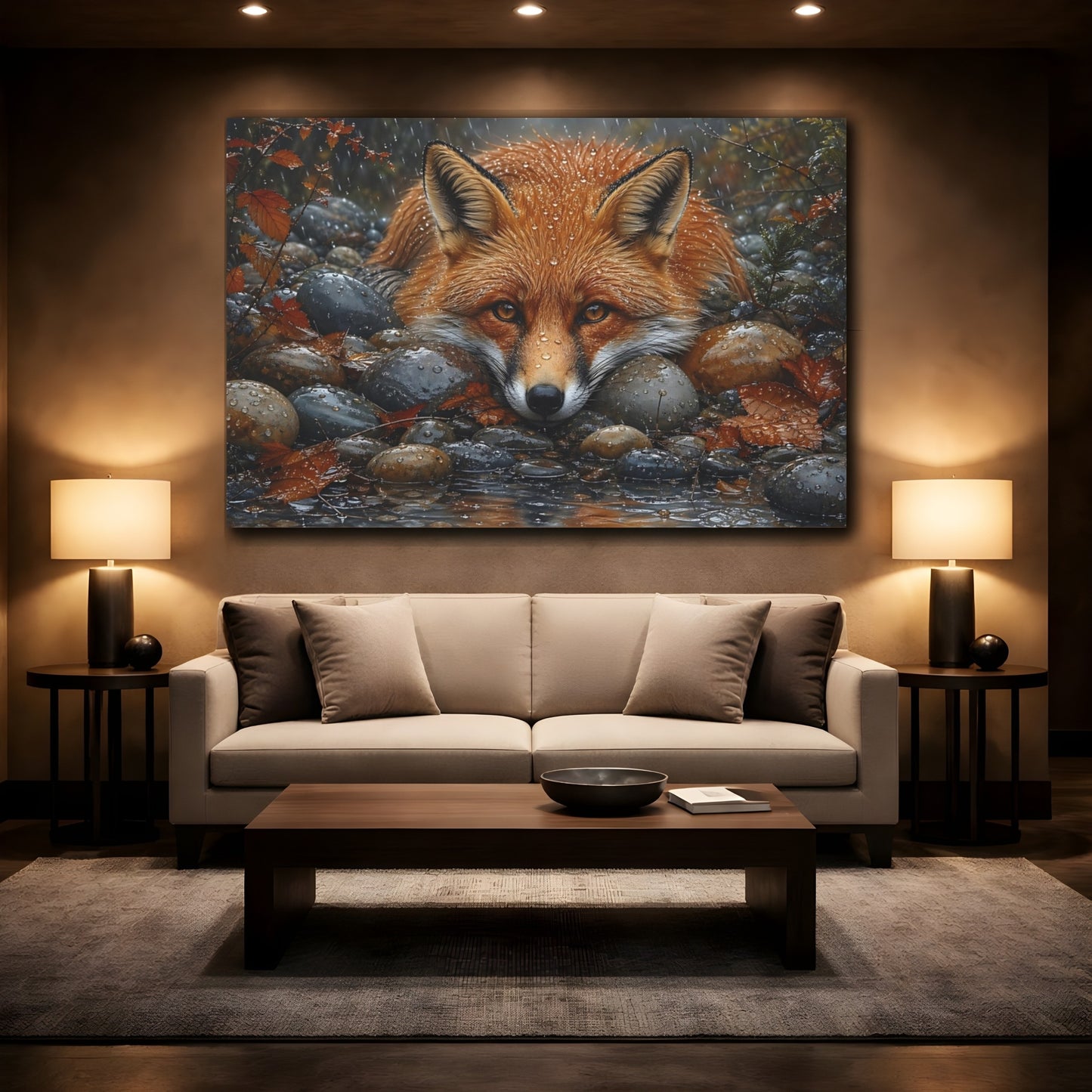 Mockup 2. Animals Fox Orange Fox Rain shown as stretched canvas wall art