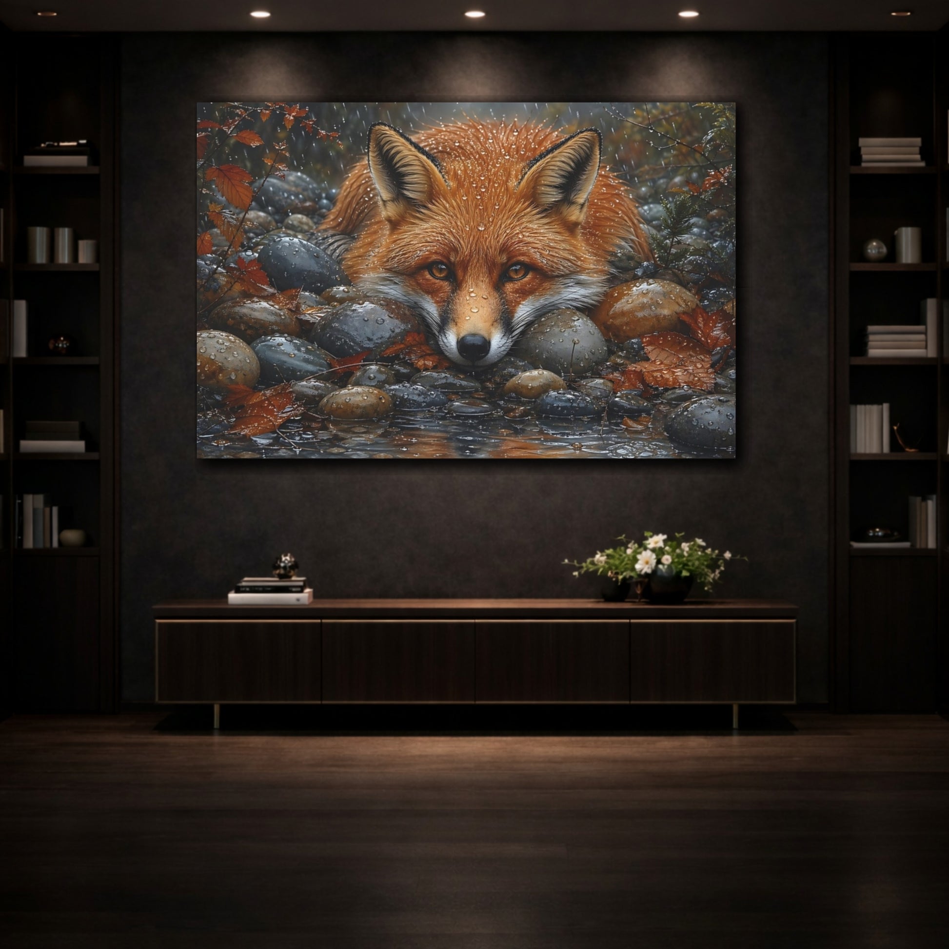 Mockup 3. Animals Fox Orange Fox Rain shown as stretched canvas wall art