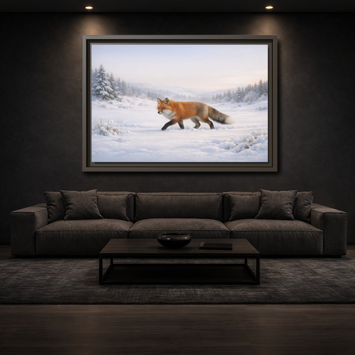 Mockup 2. Animals Fox Winter Fox Scene shown as stretched canvas wall art