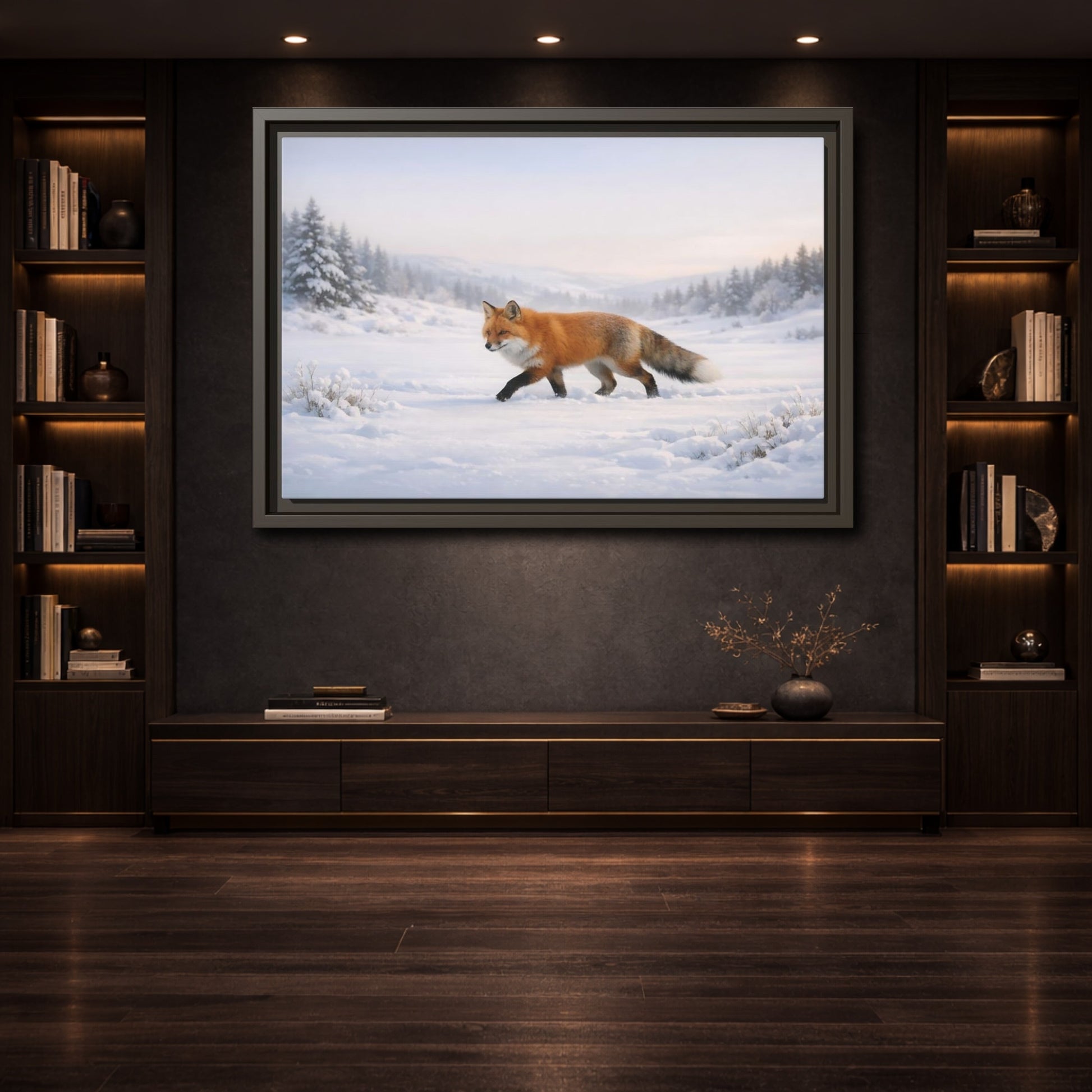 Mockup 3. Animals Fox Winter Fox Scene shown as stretched canvas wall art