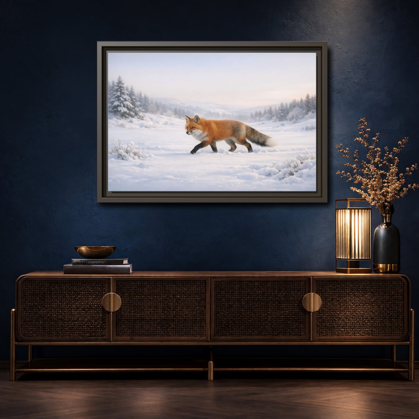 Mockup 4. Animals Fox Winter Fox Scene shown as stretched canvas wall art