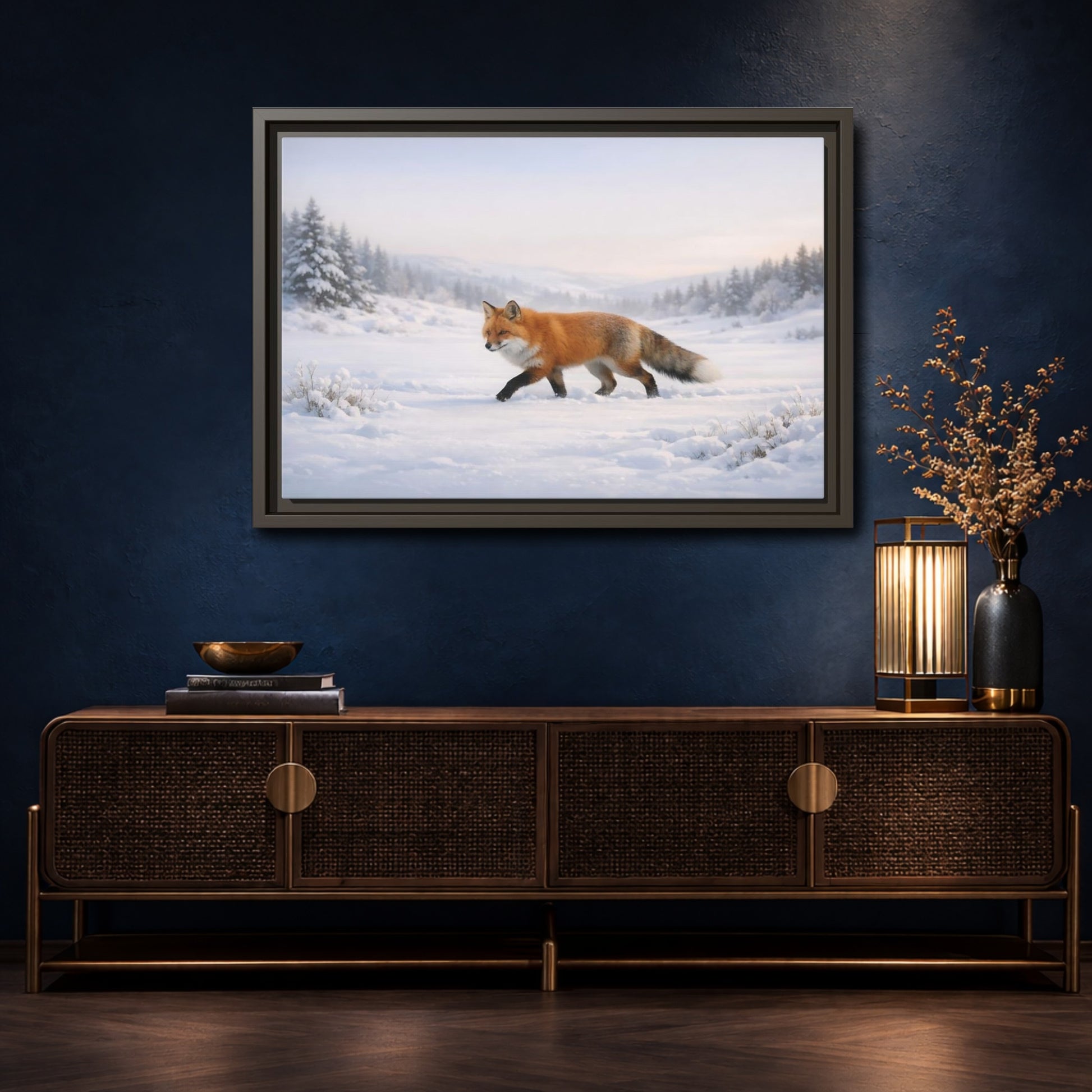 Mockup 4. Animals Fox Winter Fox Scene shown as stretched canvas wall art