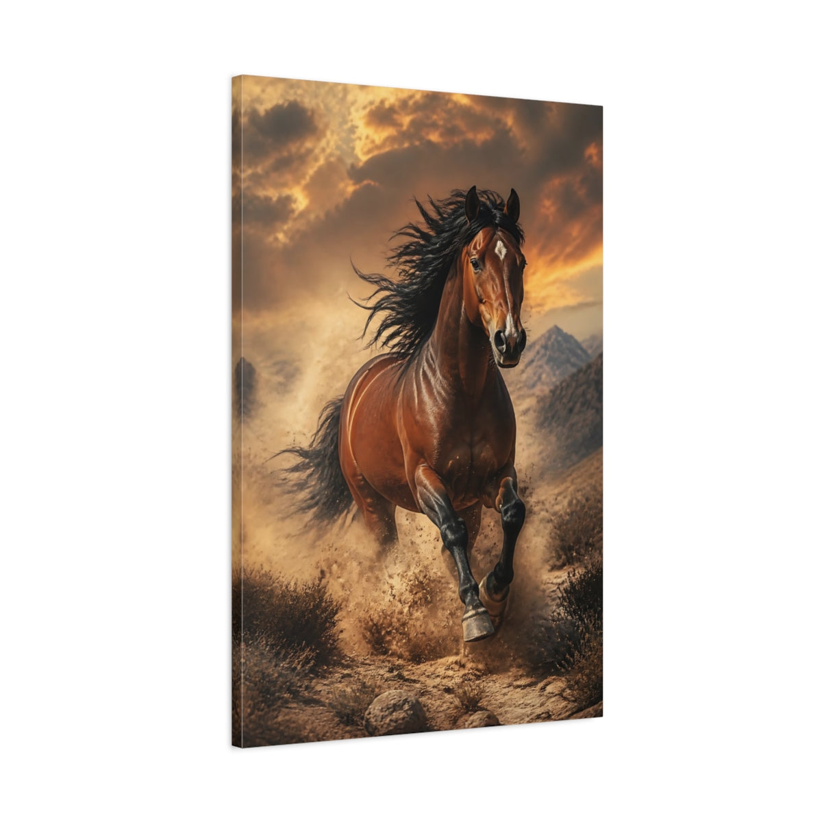 Main Mockup. Animals Galloping Desert Mustang shown as canvas print
