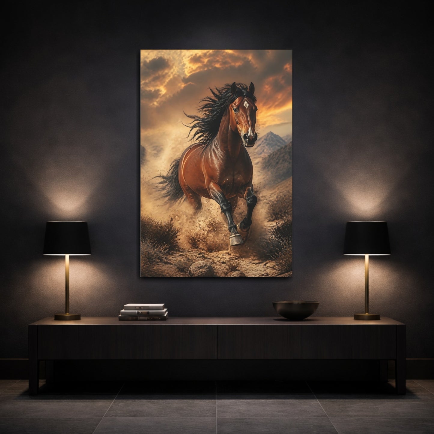 Mockup 3. Animals Galloping Desert Mustang shown as canvas print