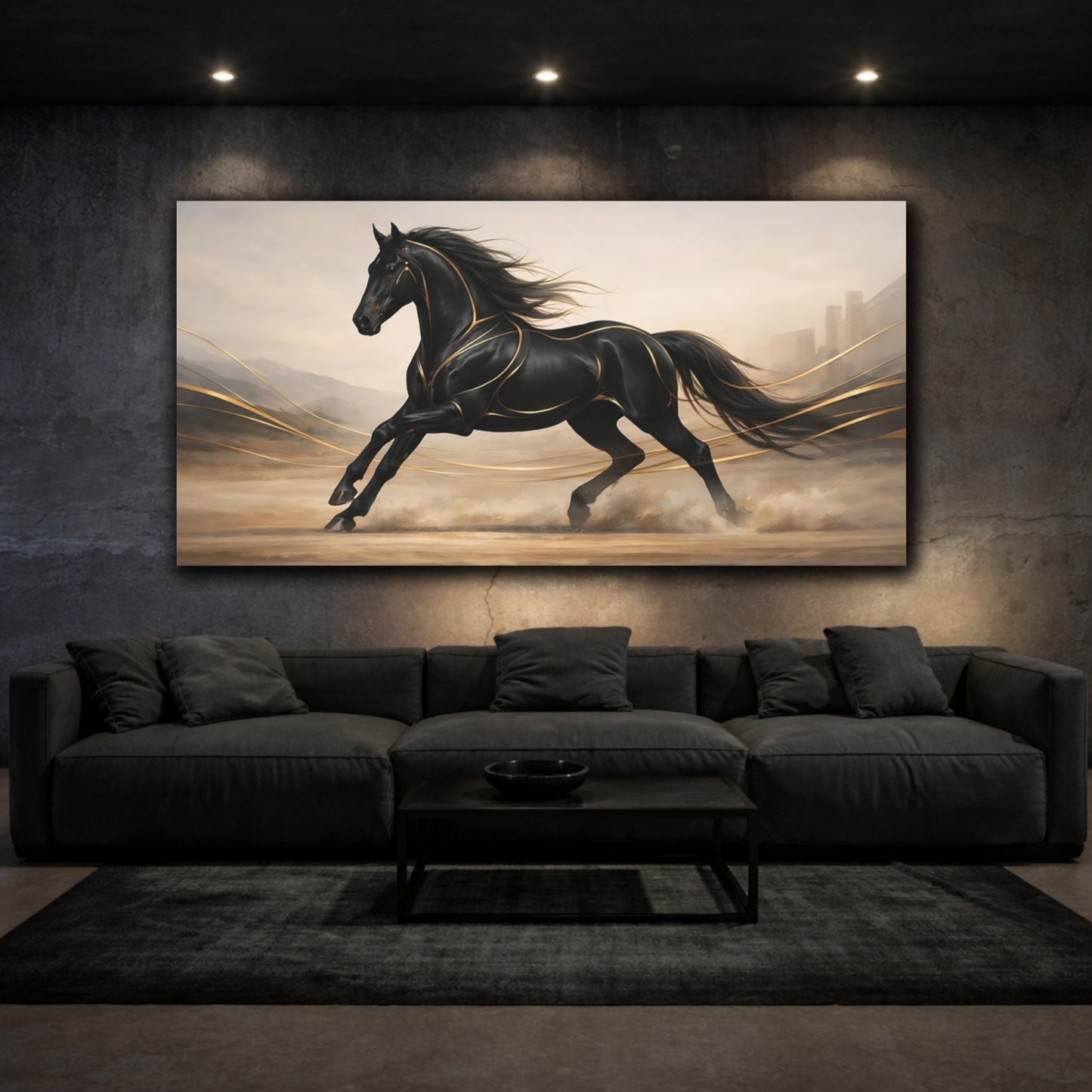 Mockup 2. Animals Galloping Horse Black And Gold Horse shown as stretched canvas wall art