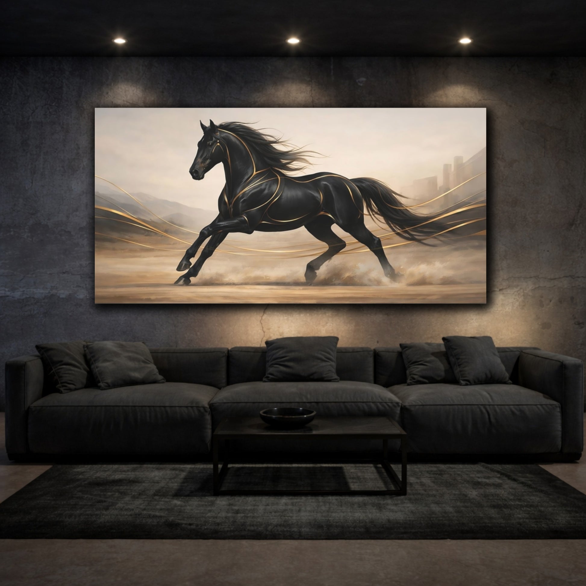Mockup 2. Animals Galloping Horse Black And Gold Horse shown as stretched canvas wall art