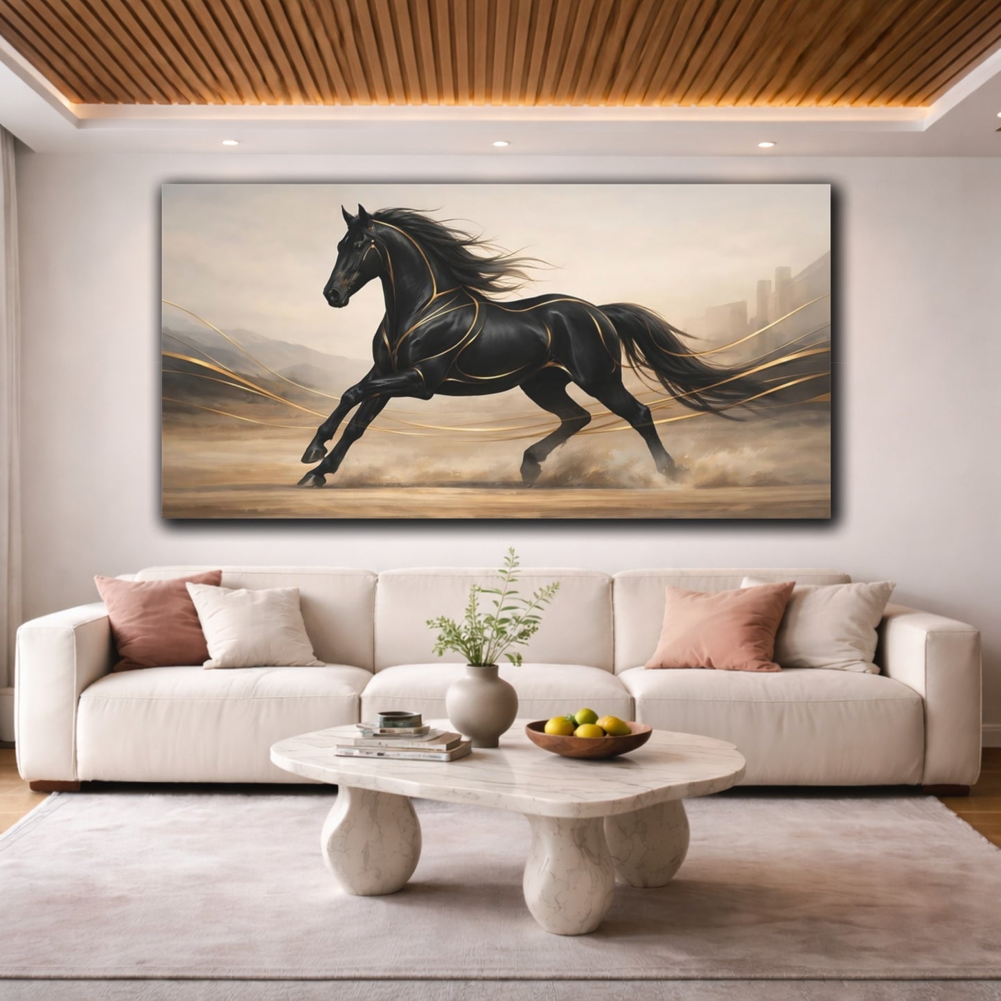 Mockup 3. Animals Galloping Horse Black And Gold Horse shown as stretched canvas wall art