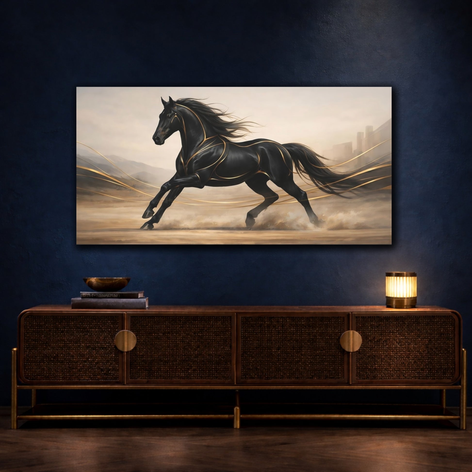 Mockup 4. Animals Galloping Horse Black And Gold Horse shown as stretched canvas wall art