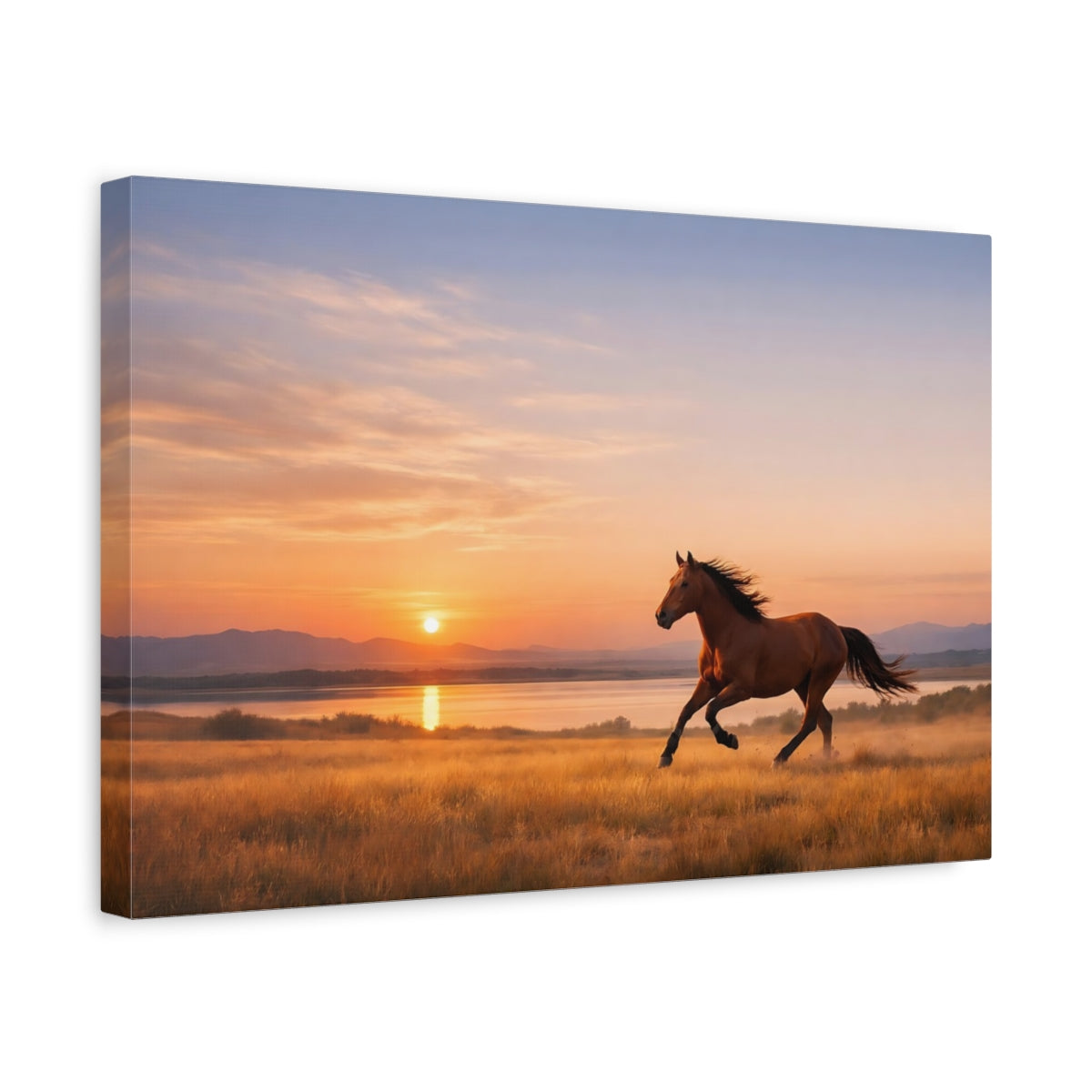 Side Mockup 4. Animals Galloping Horse Golden Hour Horse shown as stretched canvas wall art