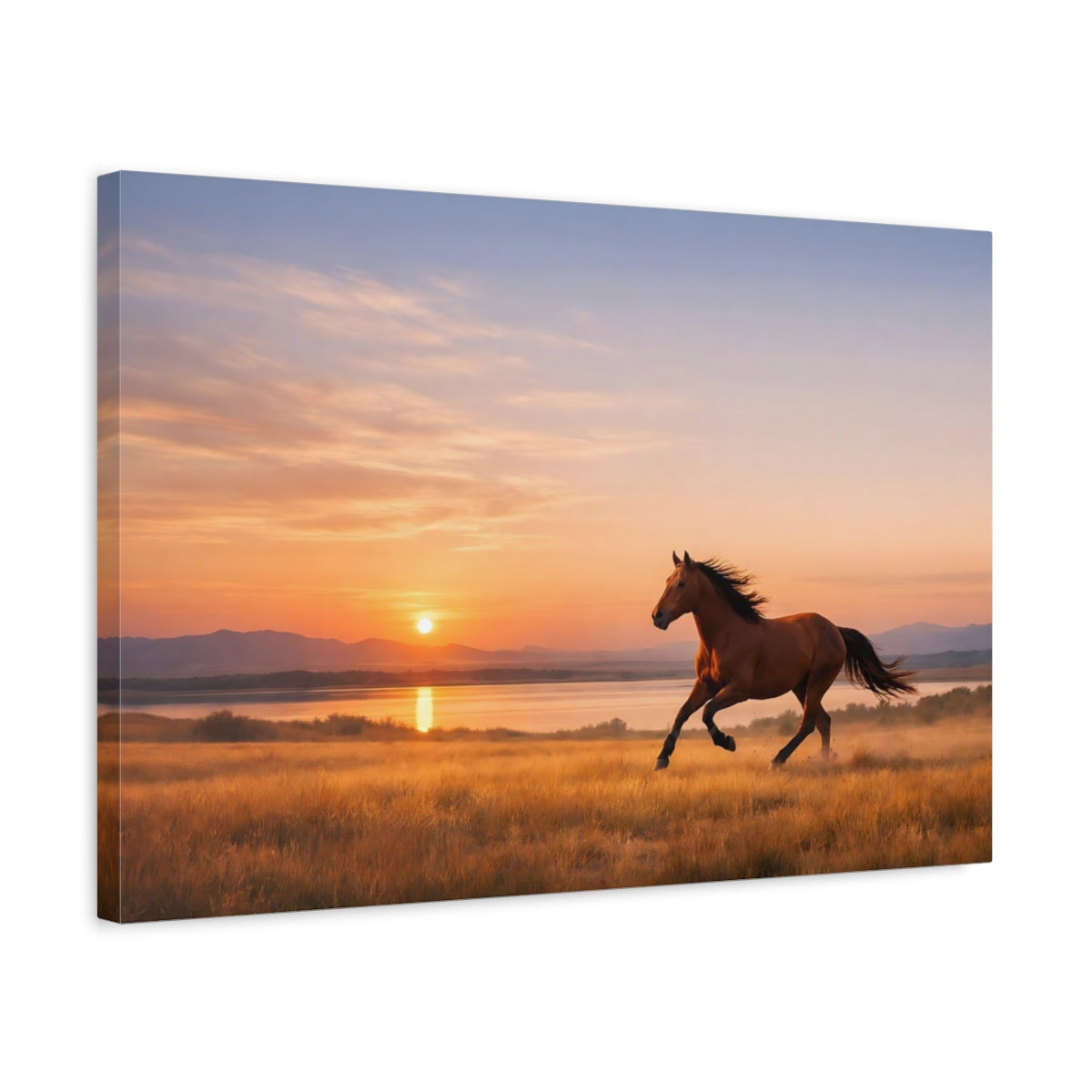 Side Mockup 3. Animals Galloping Horse Golden Hour Horse shown as stretched canvas wall art