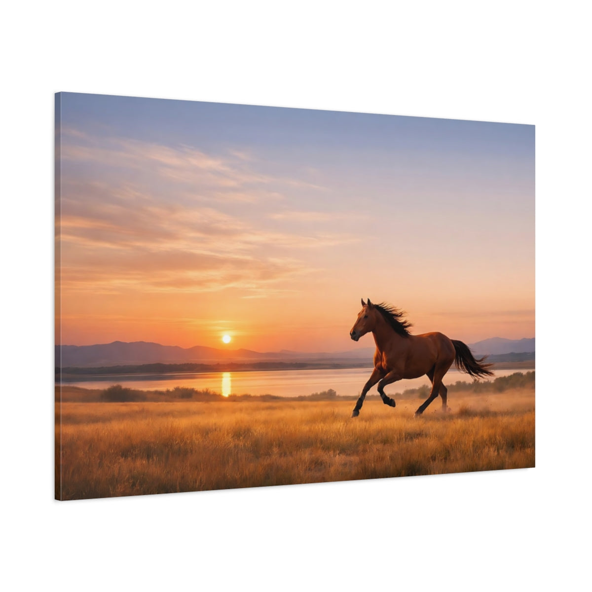 Side Mockup 1. Animals Galloping Horse Golden Hour Horse shown as stretched canvas wall art