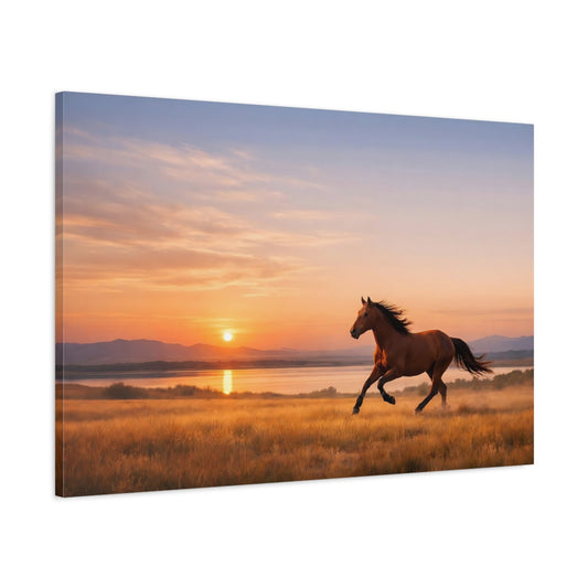 Main Mockup. Animals Galloping Horse Golden Hour Horse shown as stretched canvas wall art