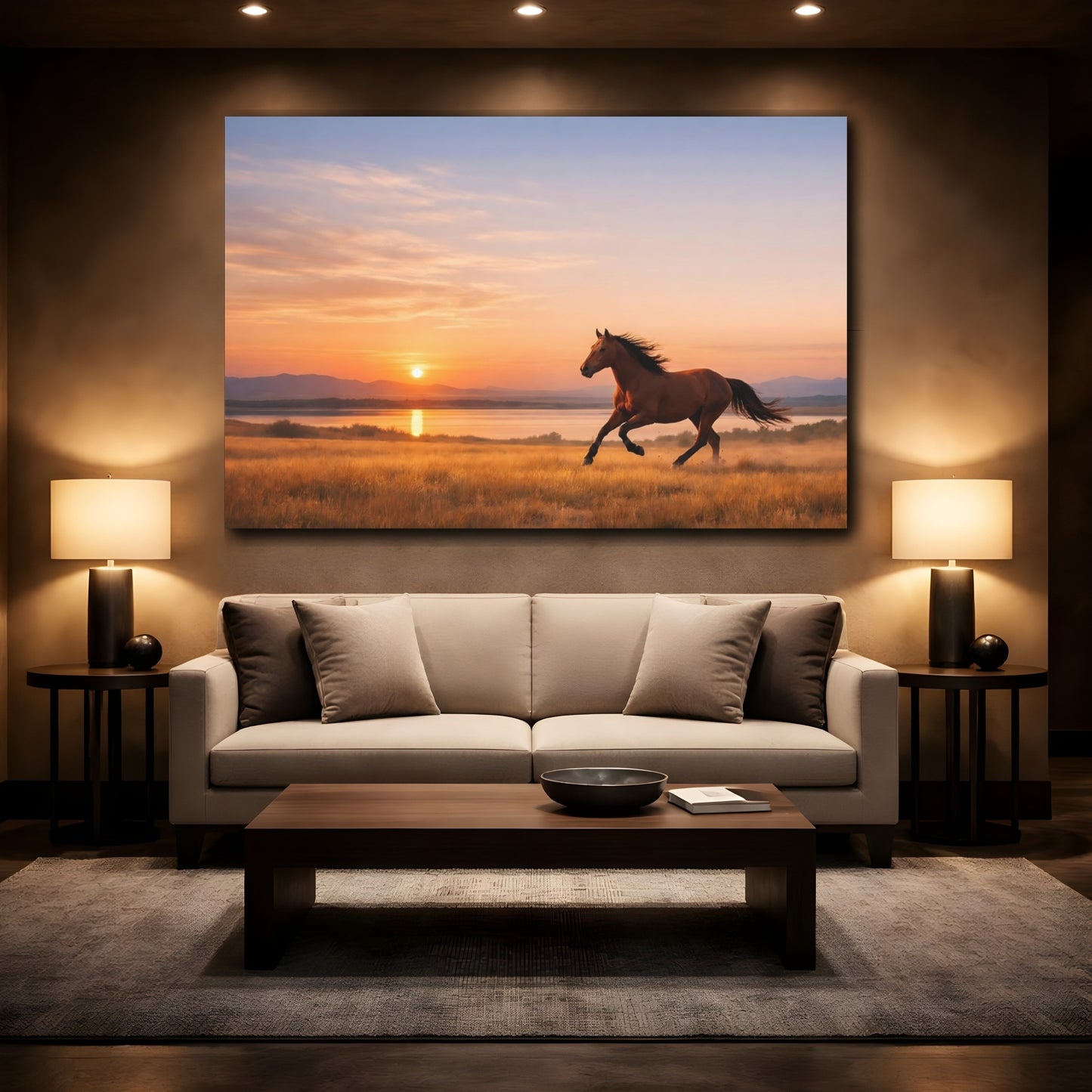 Mockup 2. Animals Galloping Horse Golden Hour Horse shown as stretched canvas wall art