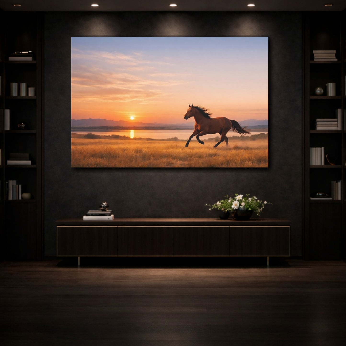 Mockup 3. Animals Galloping Horse Golden Hour Horse shown as stretched canvas wall art