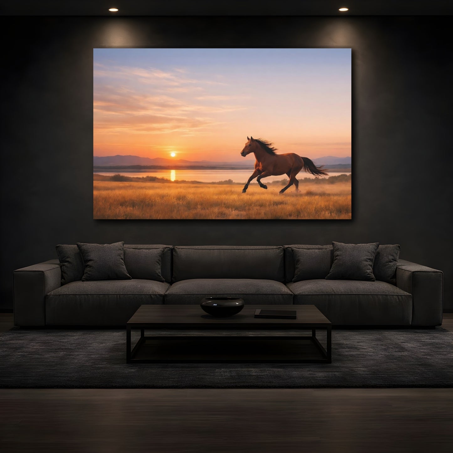 Mockup 4. Animals Galloping Horse Golden Hour Horse shown as stretched canvas wall art
