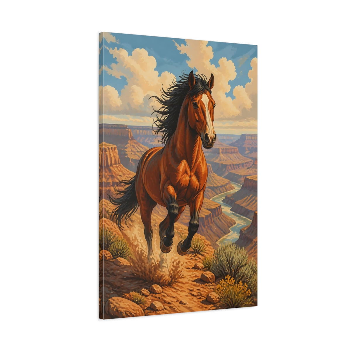 Main Mockup. Animals Galloping Mustang Over Canyon shown as canvas print