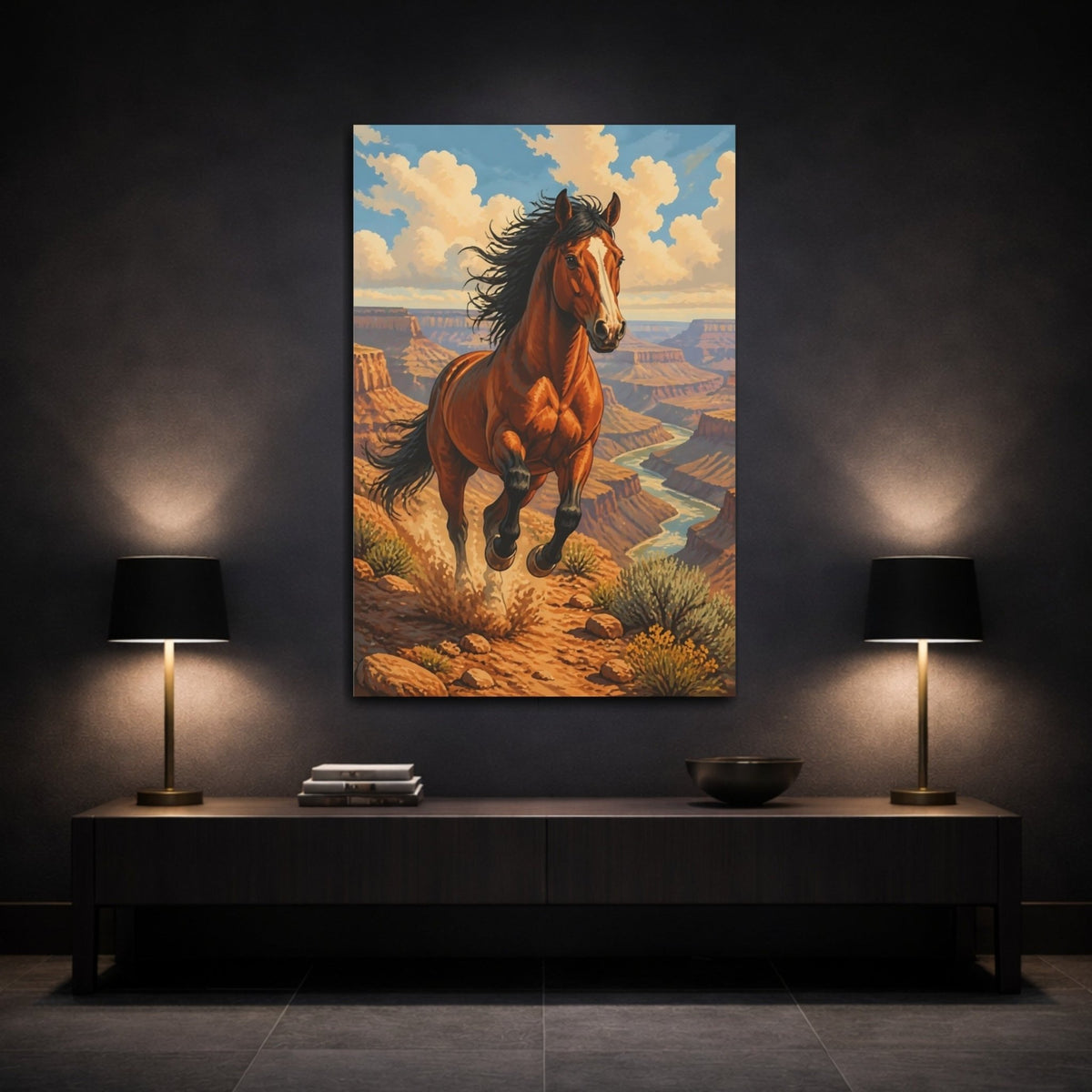 Animals Galloping Mustang Over Canyon Canvas Print – Living Room, Above Console Table - YesArtYes