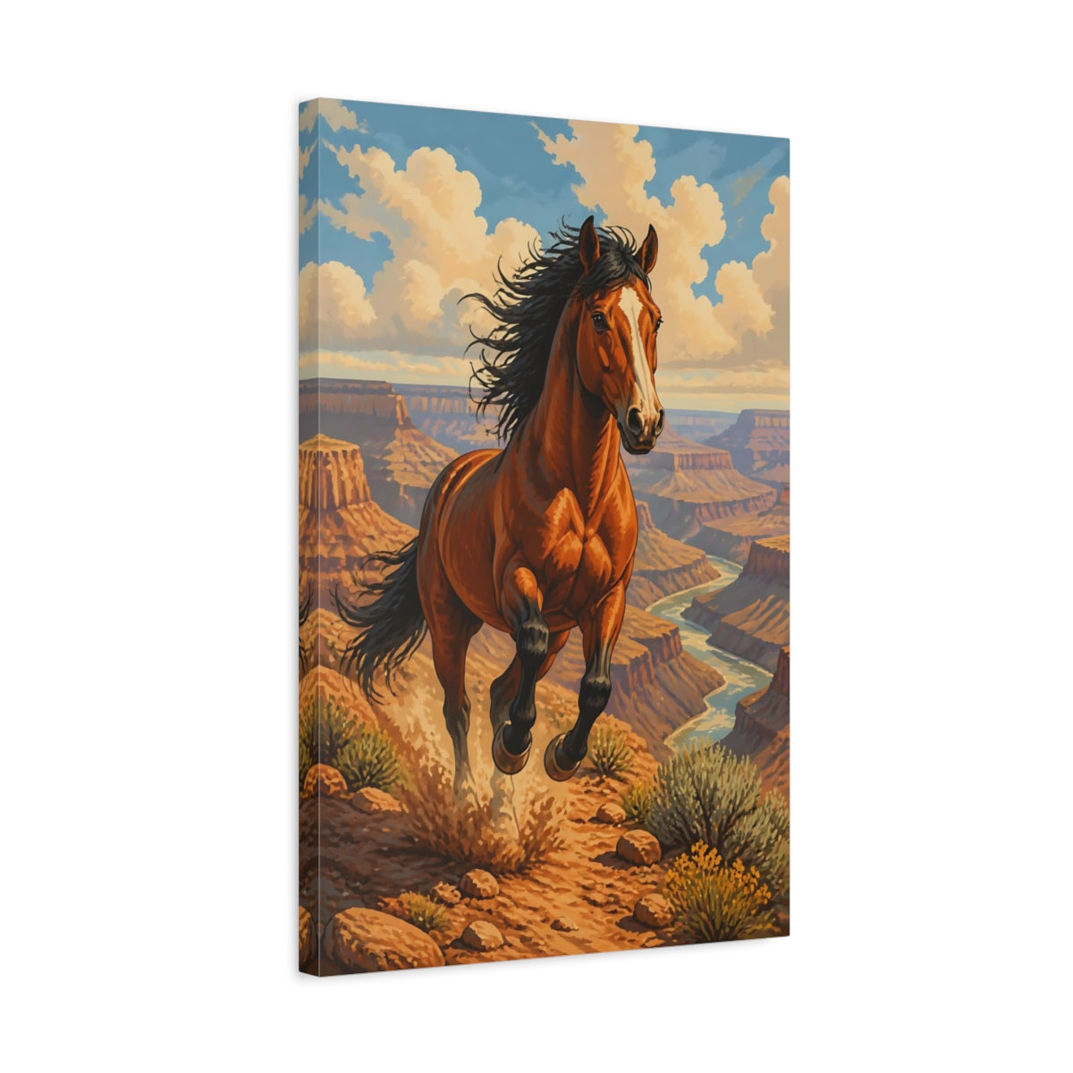 Side Mockup 3. Animals Galloping Mustang Over Canyon shown as canvas print