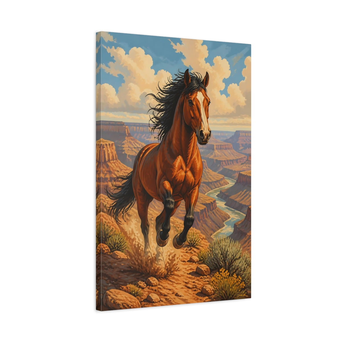 Side Mockup 2. Animals Galloping Mustang Over Canyon shown as canvas print