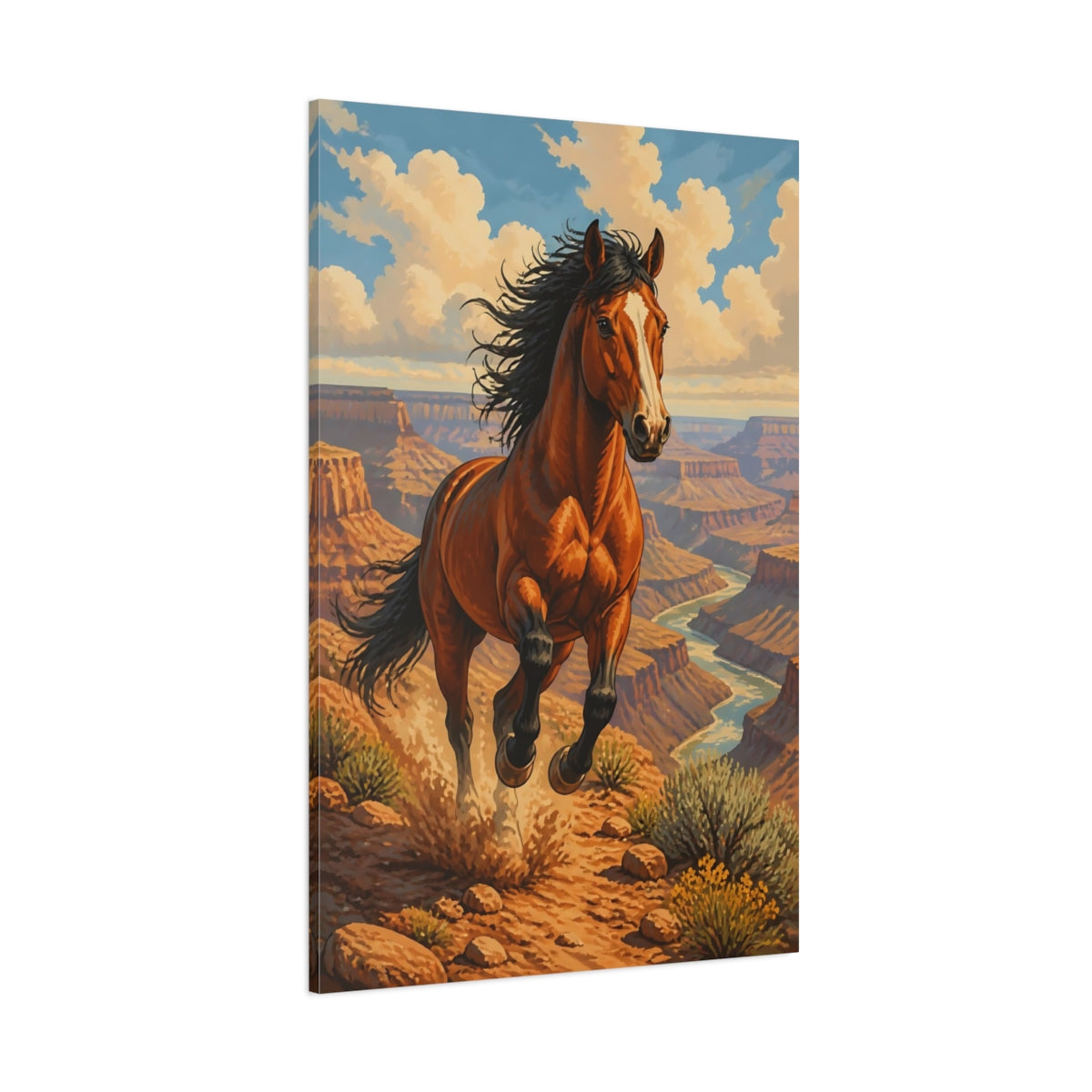 Side Mockup 1. Animals Galloping Mustang Over Canyon shown as canvas print