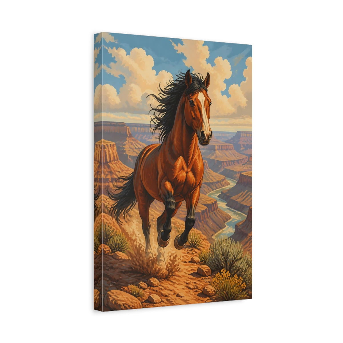 Side Mockup 4. Animals Galloping Mustang Over Canyon shown as canvas print