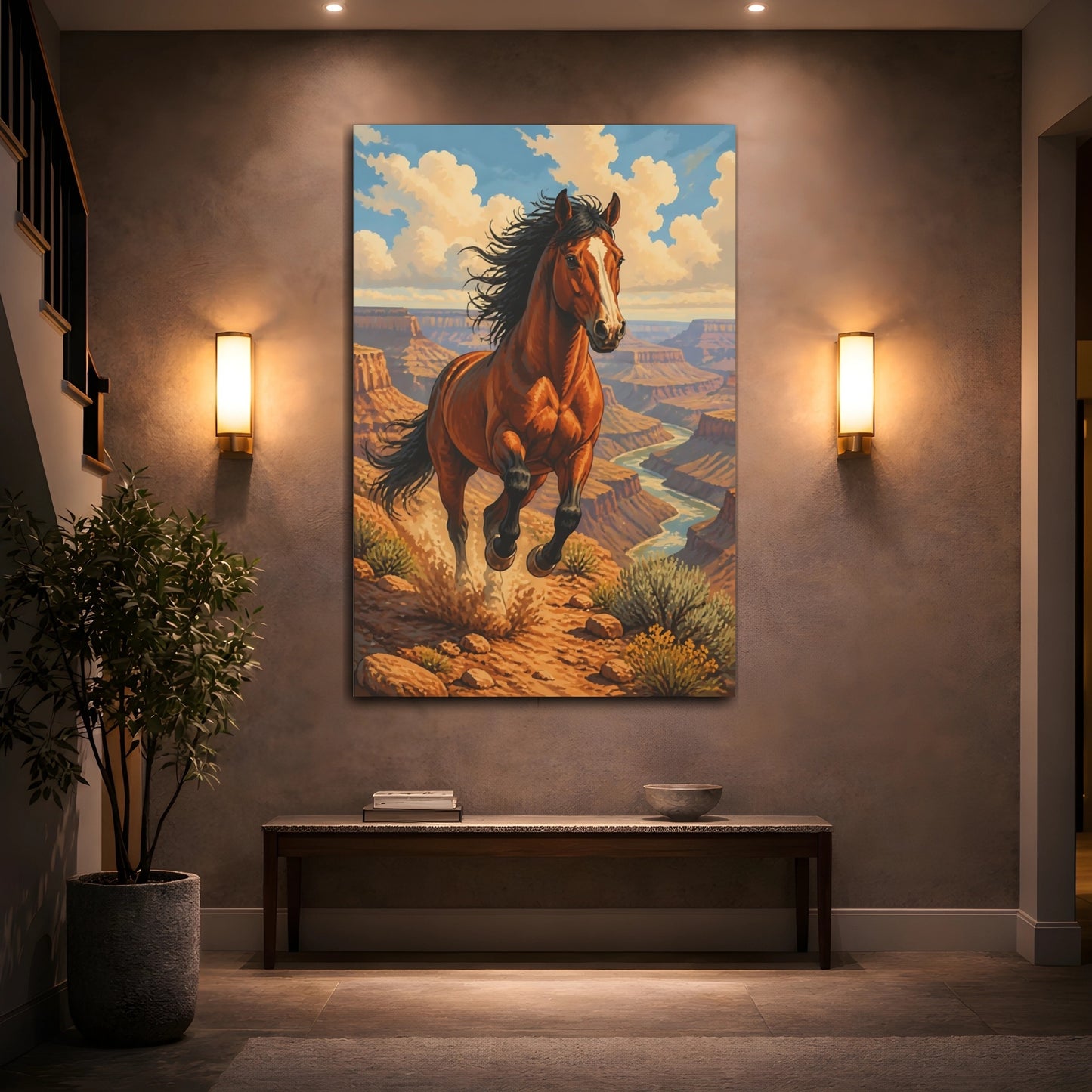 Mockup 2. Animals Galloping Mustang Over Canyon shown as canvas print