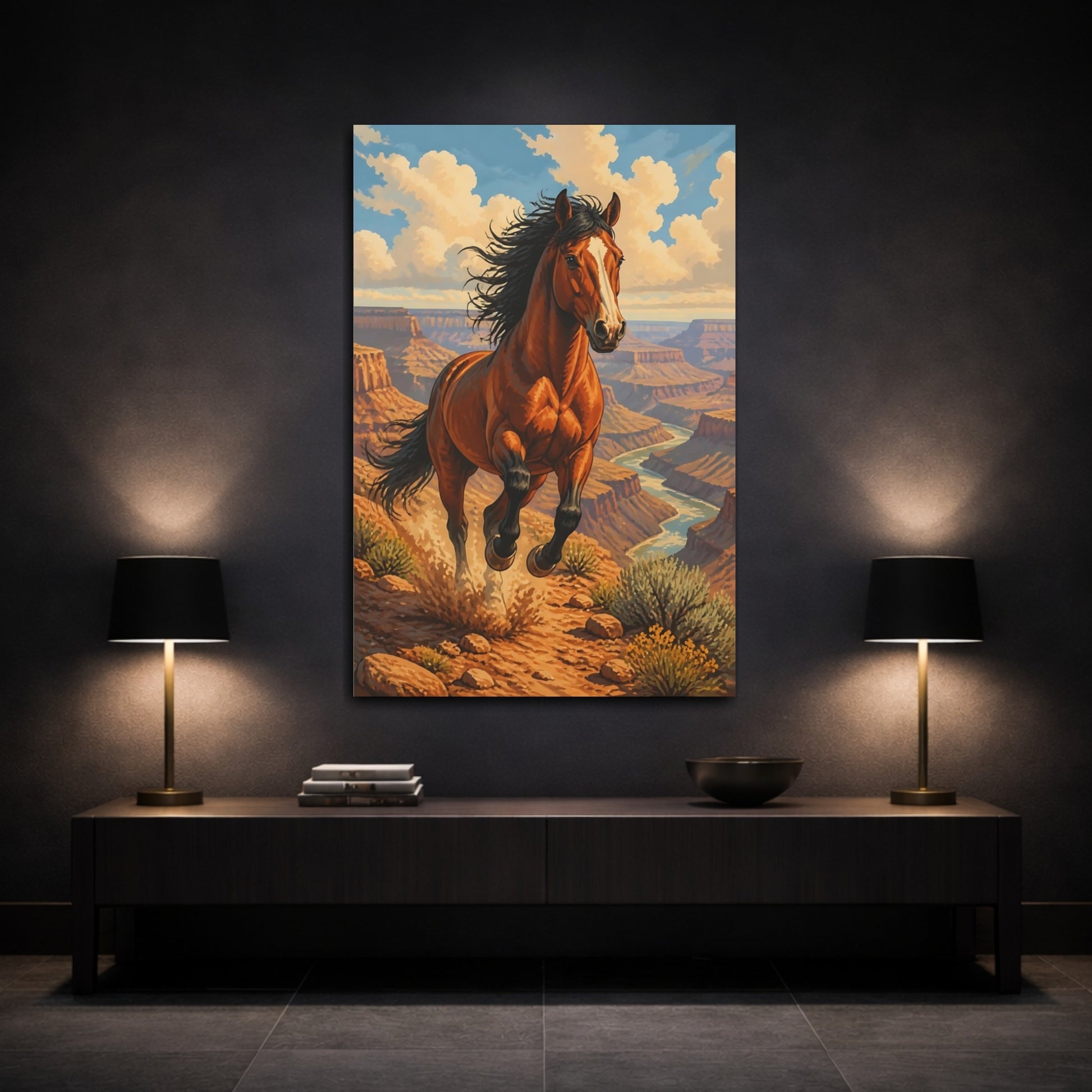 Mockup 3. Animals Galloping Mustang Over Canyon shown as canvas print