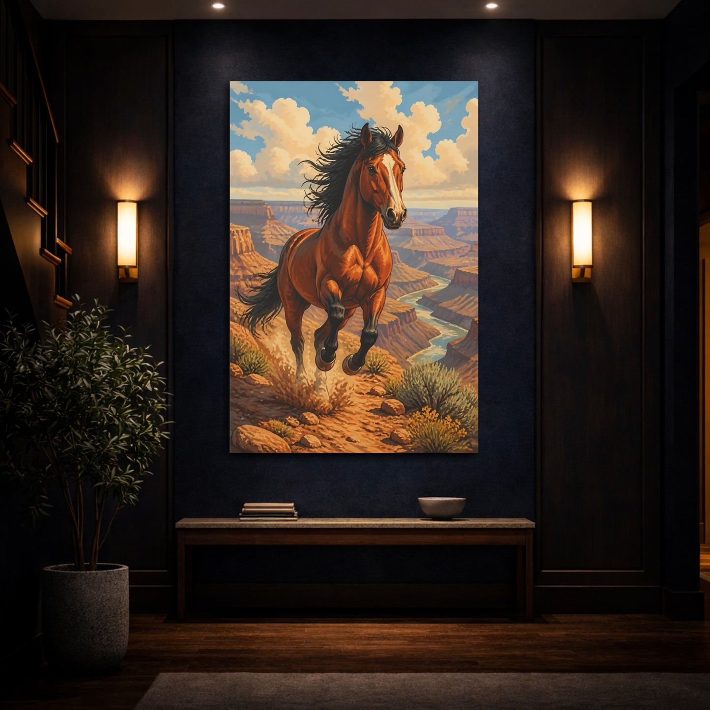 Mockup 4. Animals Galloping Mustang Over Canyon shown as canvas print