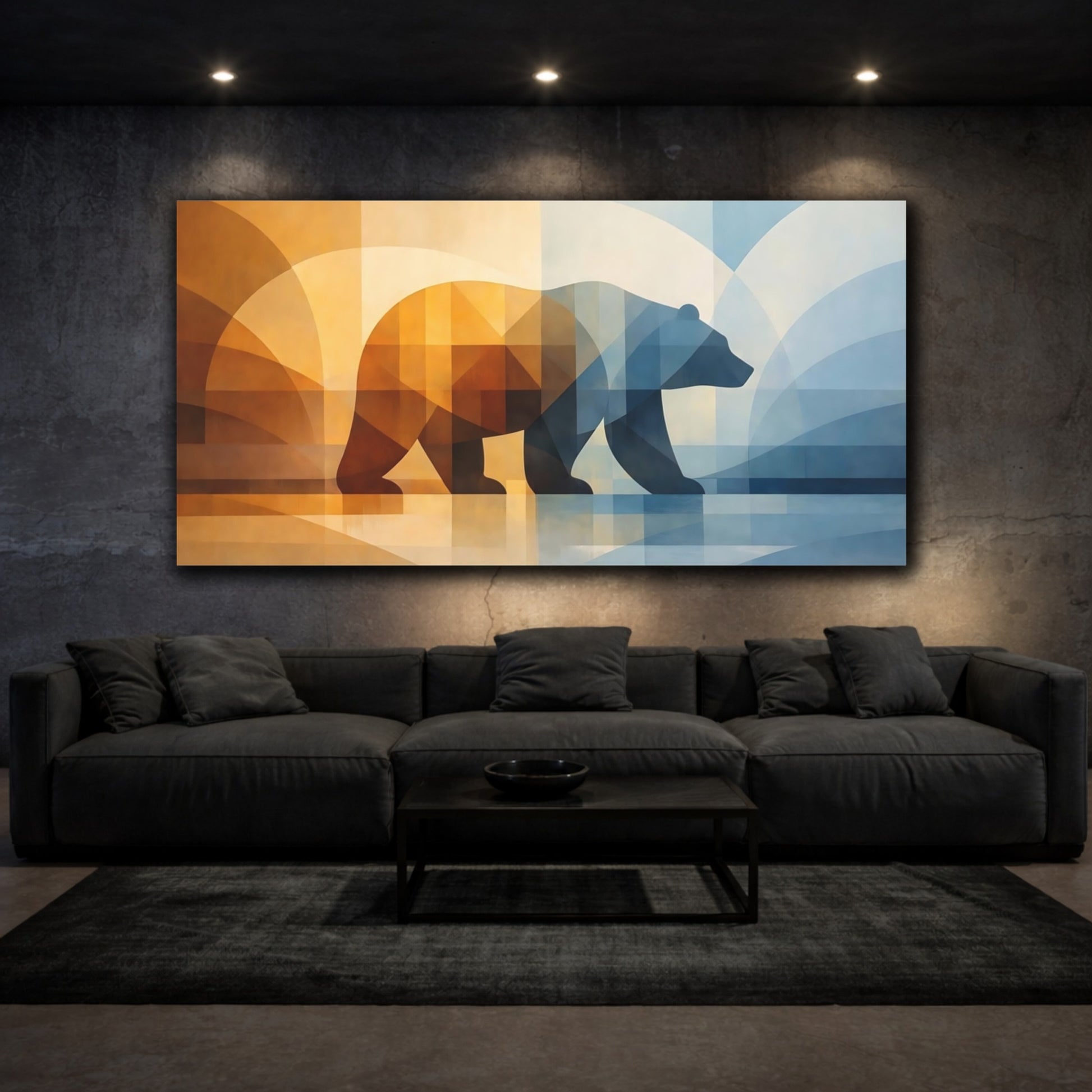 Mockup 2. Animals Geometric Bear Orange Blue Geometric shown as stretched canvas wall art