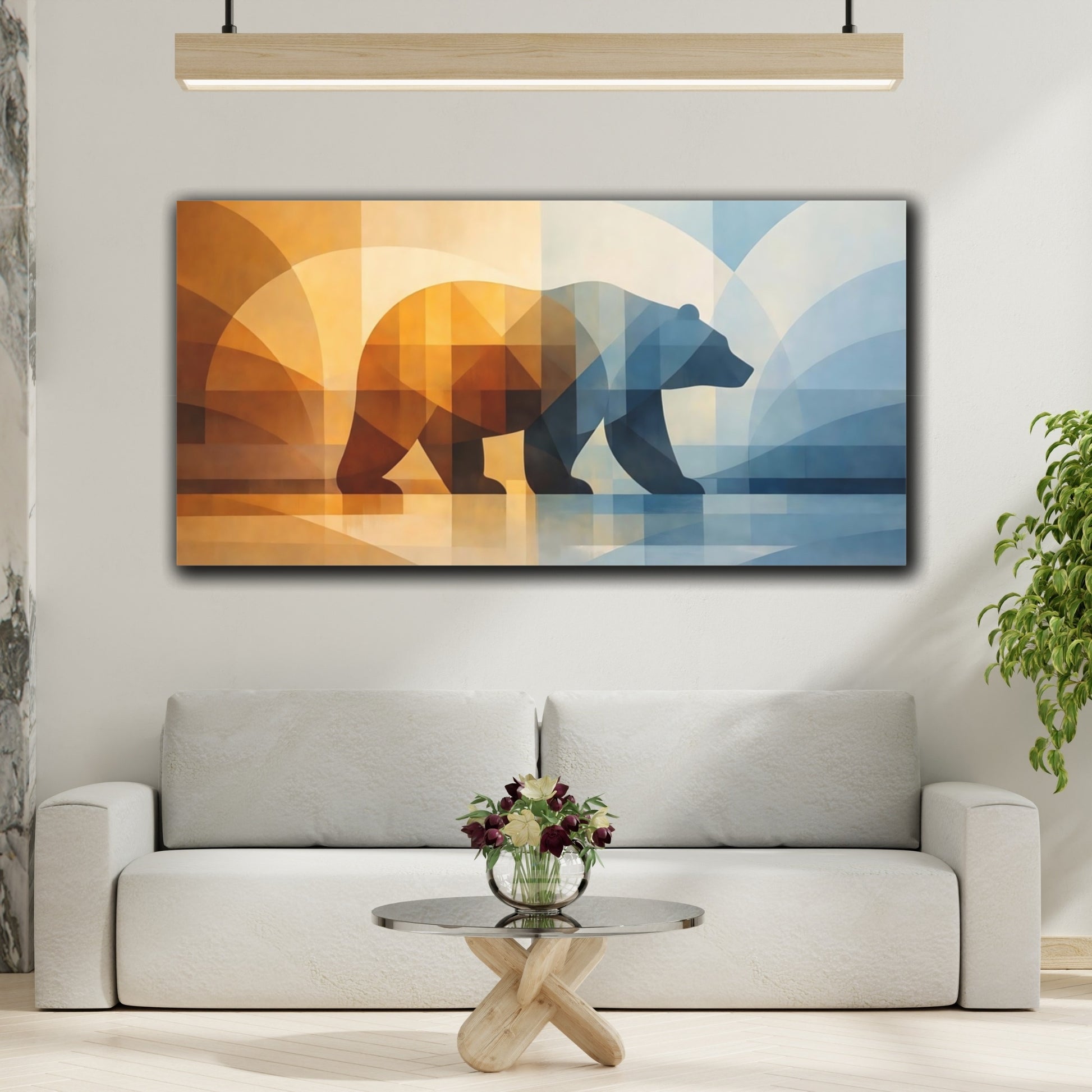 Mockup 3. Animals Geometric Bear Orange Blue Geometric shown as stretched canvas wall art