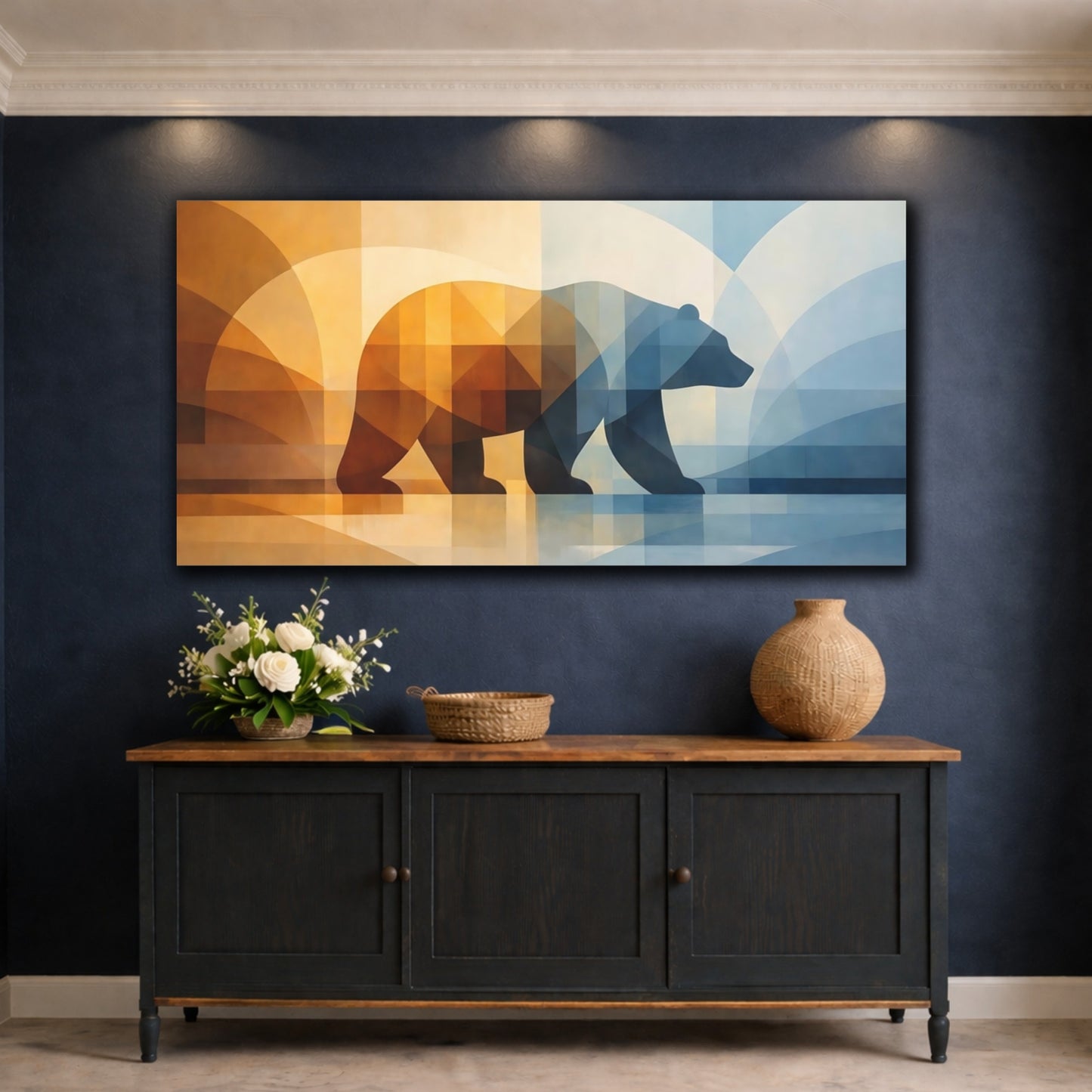 Mockup 4. Animals Geometric Bear Orange Blue Geometric shown as stretched canvas wall art