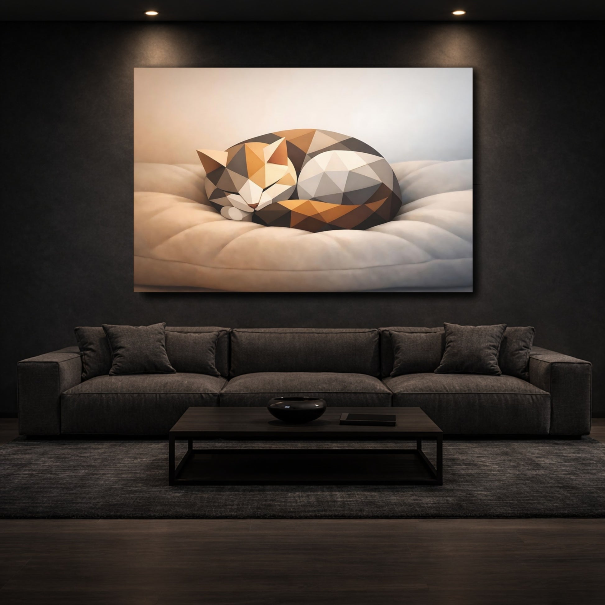 Mockup 2. Animals Geometric Cat Brown Grey Cat shown as stretched canvas wall art