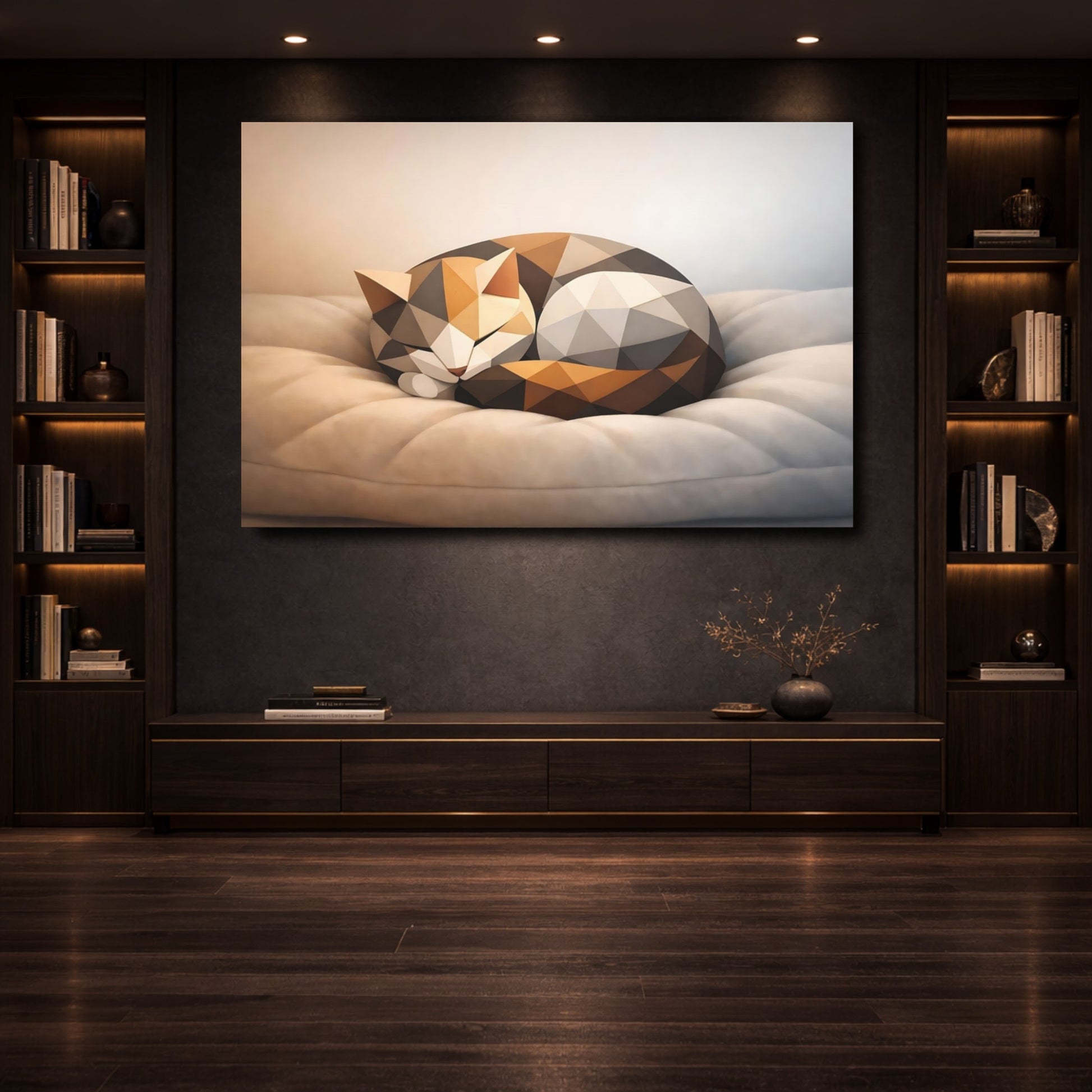 Mockup 3. Animals Geometric Cat Brown Grey Cat shown as stretched canvas wall art