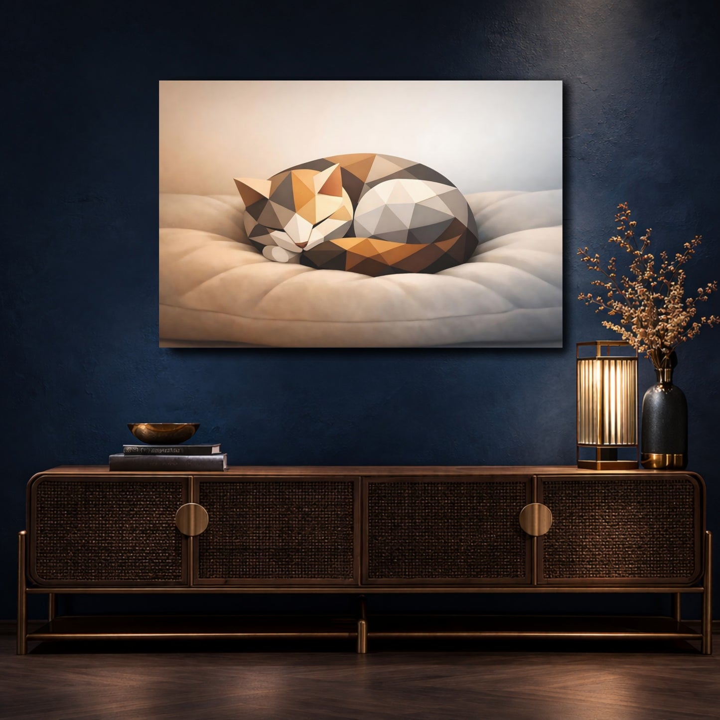 Mockup 4. Animals Geometric Cat Brown Grey Cat shown as stretched canvas wall art
