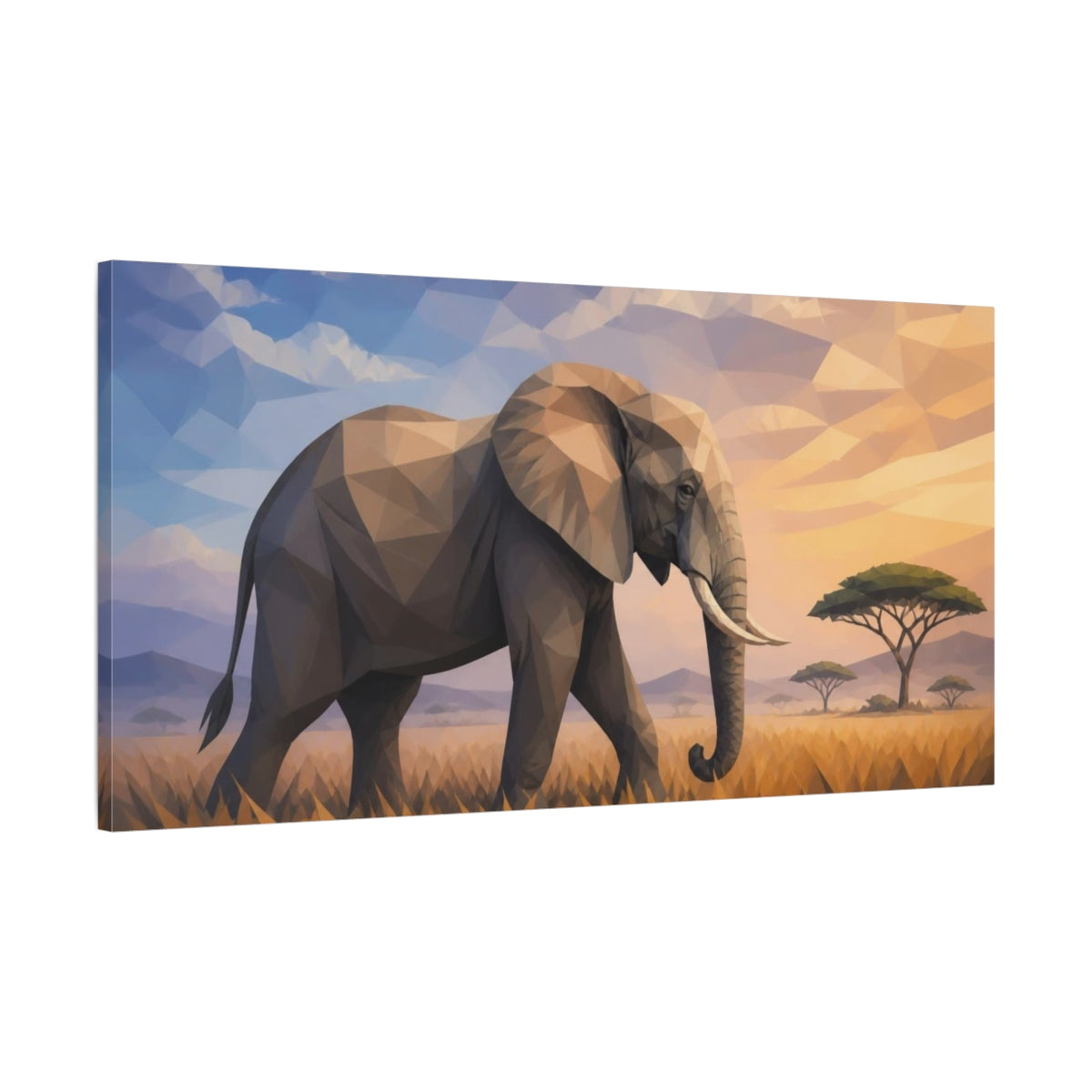 Main Mockup. Animals Geometric Elephant At Sunset shown as canvas print