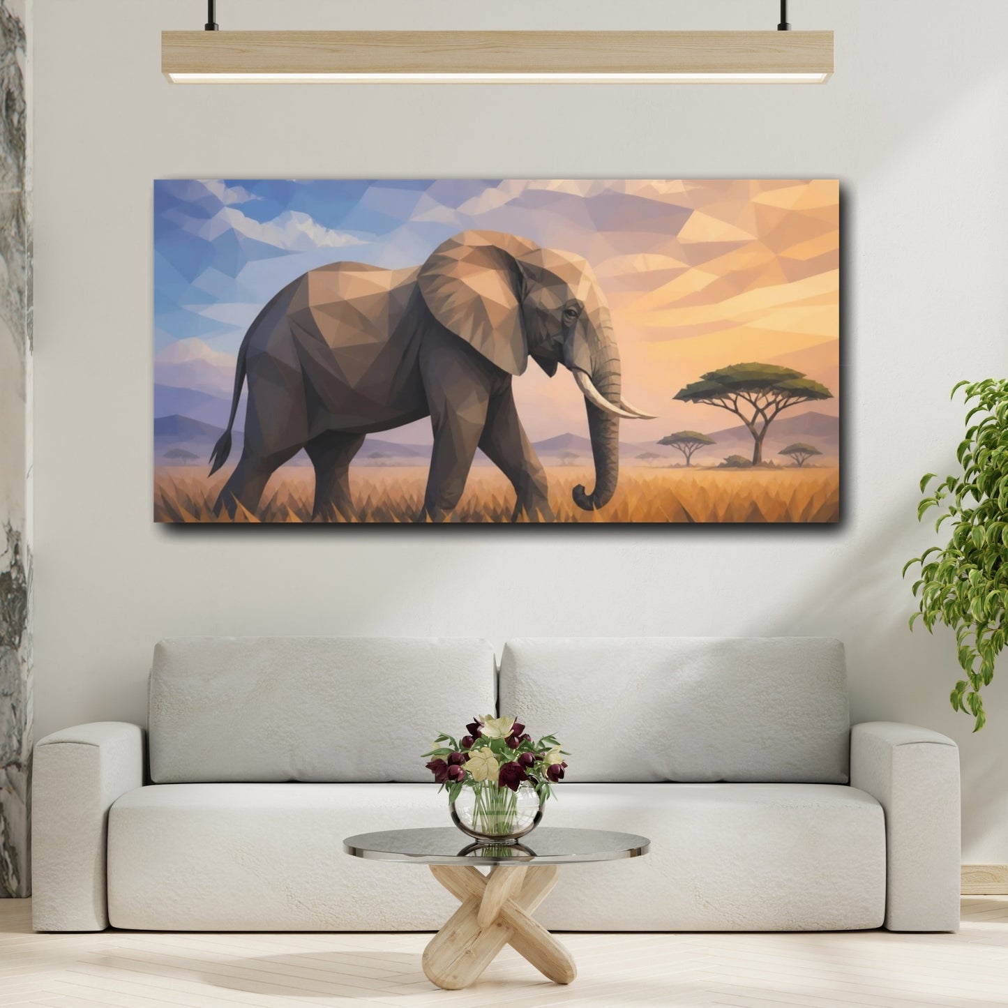 Mockup 2. Animals Geometric Elephant At Sunset shown as canvas print
