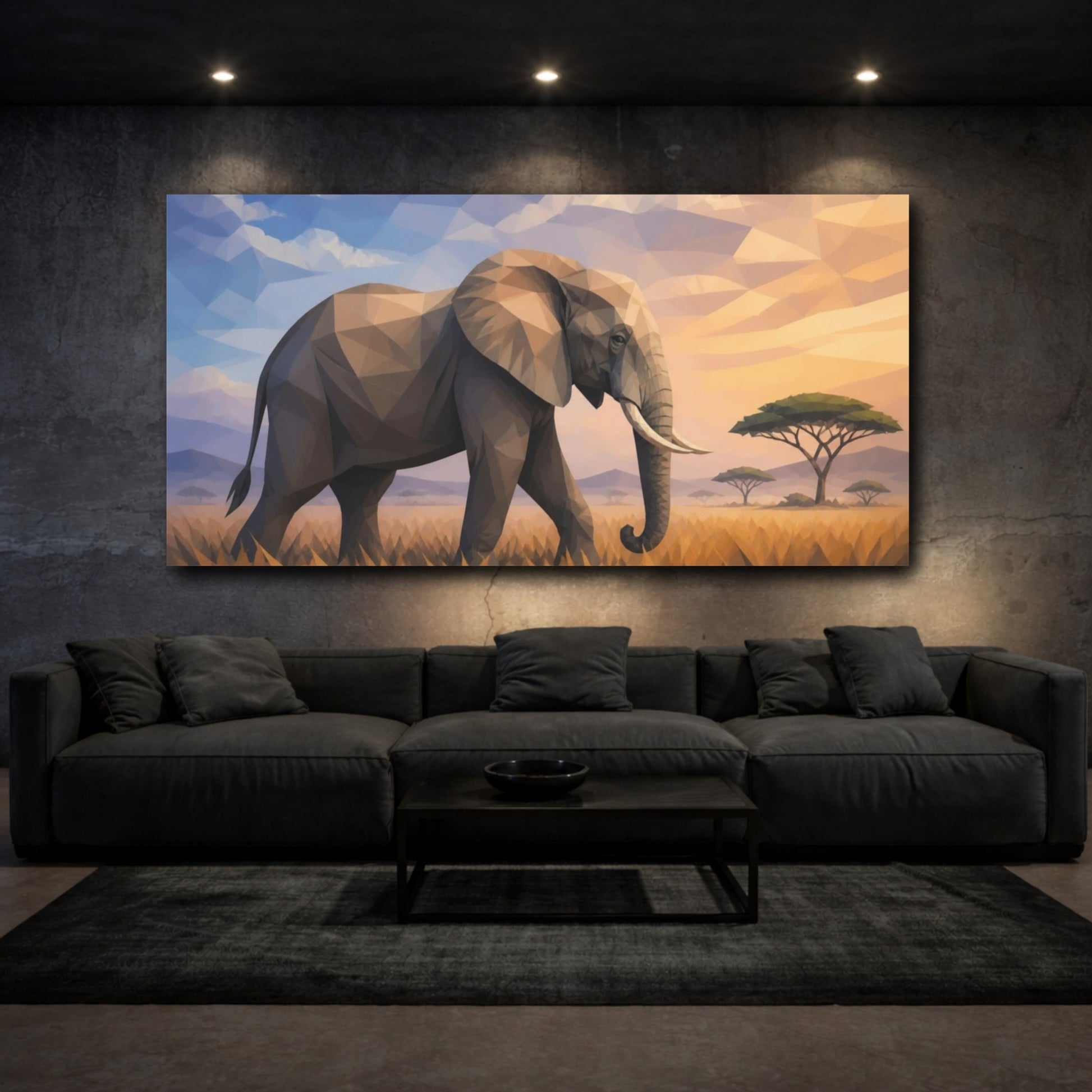 Mockup 3. Animals Geometric Elephant At Sunset shown as canvas print