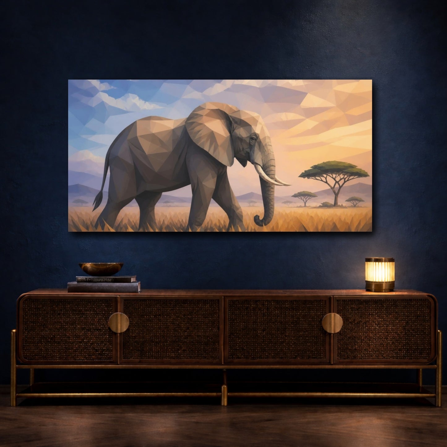 Mockup 4. Animals Geometric Elephant At Sunset shown as canvas print
