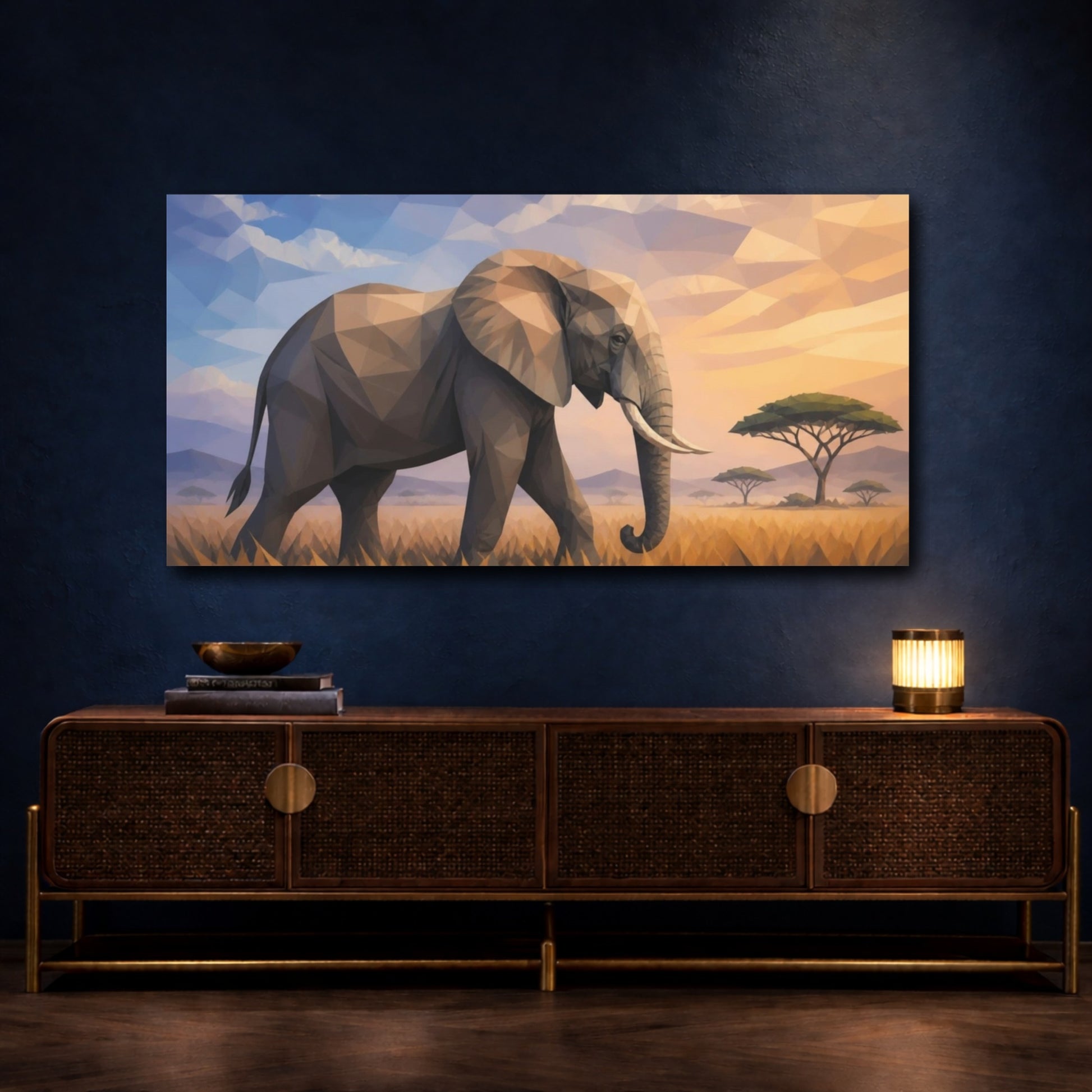 Mockup 4. Animals Geometric Elephant At Sunset shown as canvas print