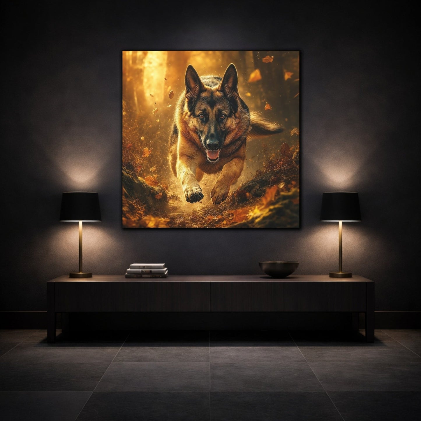 Animals German Shepherd Brown And Gold Canvas Print Wall Art – Realistic Living Room, Above Fireplace - YesArtYes