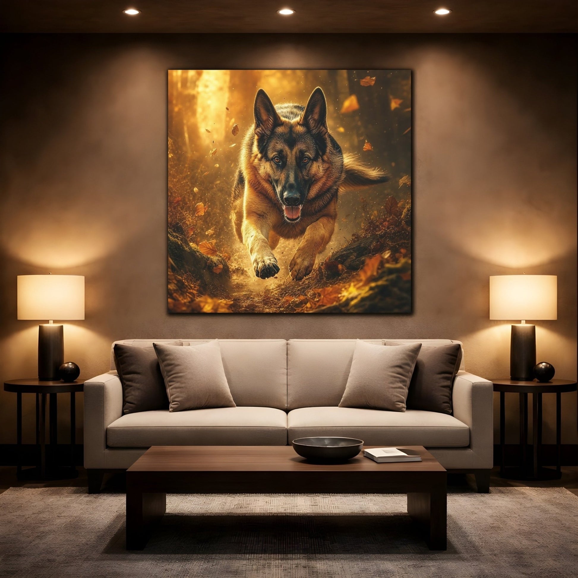 Animals German Shepherd Brown And Gold Canvas Print Wall Art – Realistic Living Room, Above Fireplace - YesArtYes