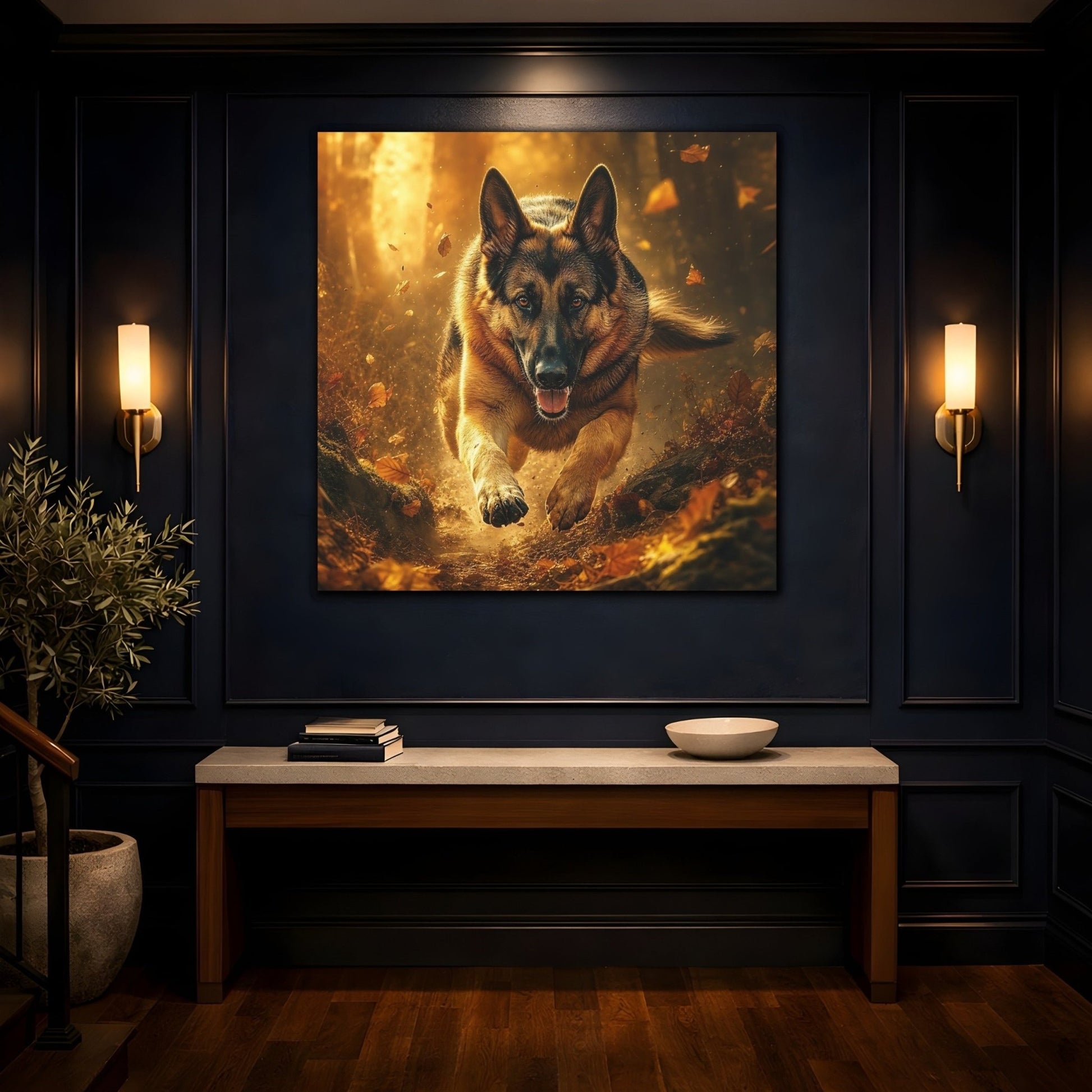 Animals German Shepherd Brown And Gold Canvas Print Wall Art – Realistic Living Room, Above Fireplace - YesArtYes