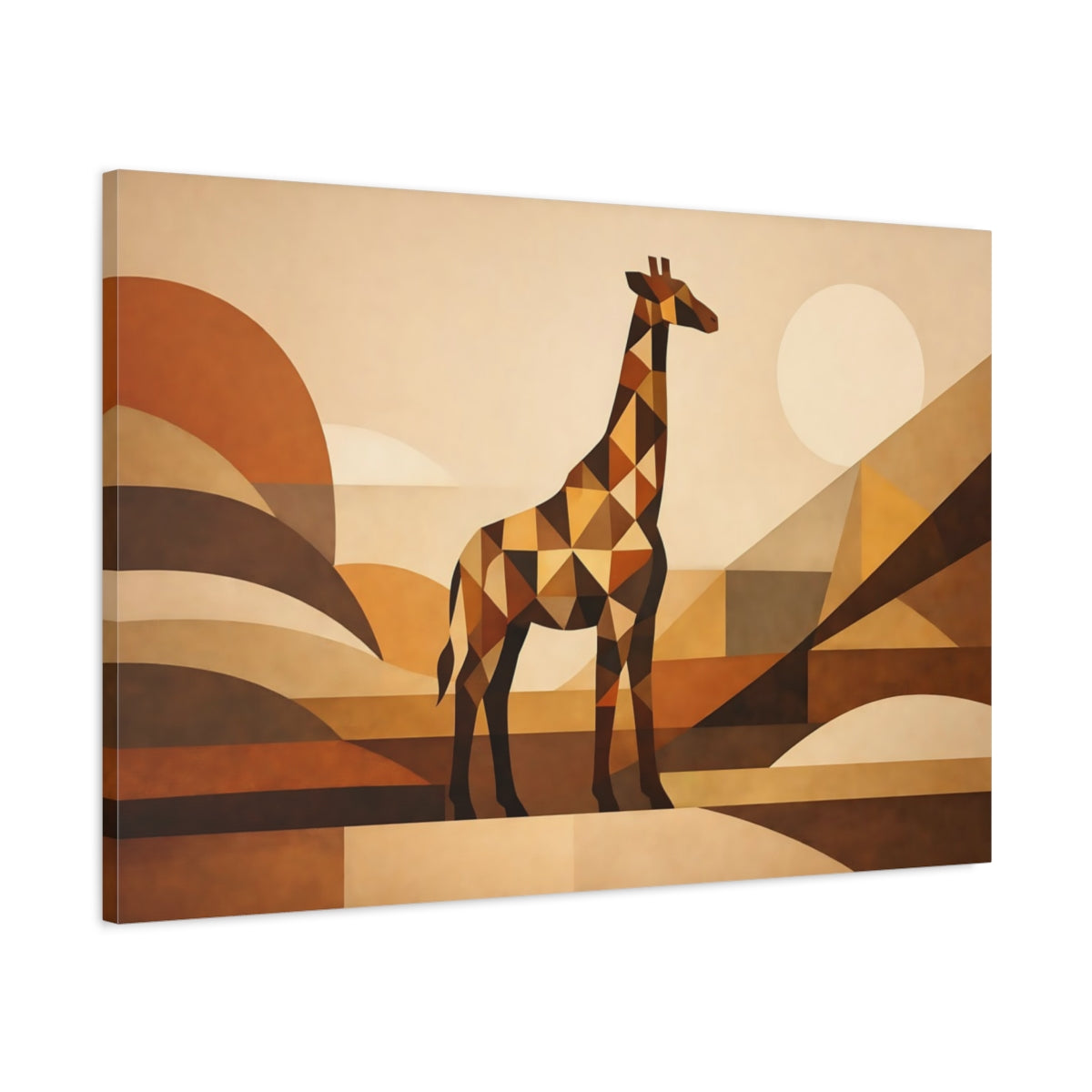 Side Mockup 1. Animals Giraffe Brown Geometric Giraffe shown as stretched canvas wall art