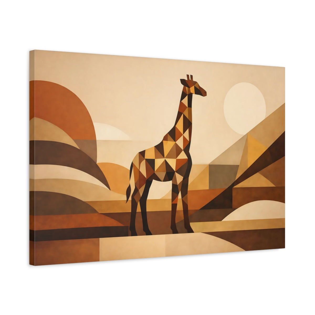 Side Mockup 2. Animals Giraffe Brown Geometric Giraffe shown as stretched canvas wall art