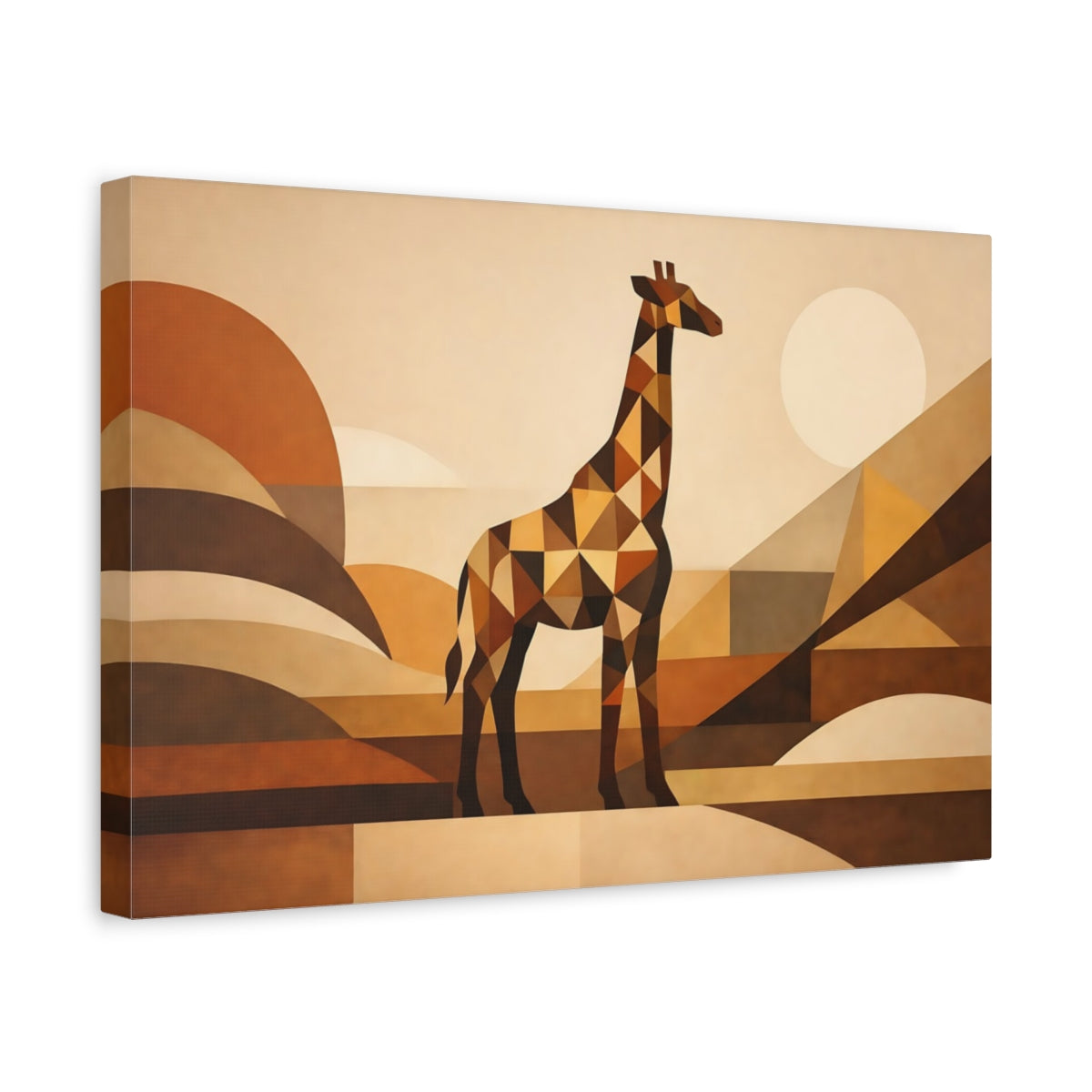Side Mockup 4. Animals Giraffe Brown Geometric Giraffe shown as stretched canvas wall art