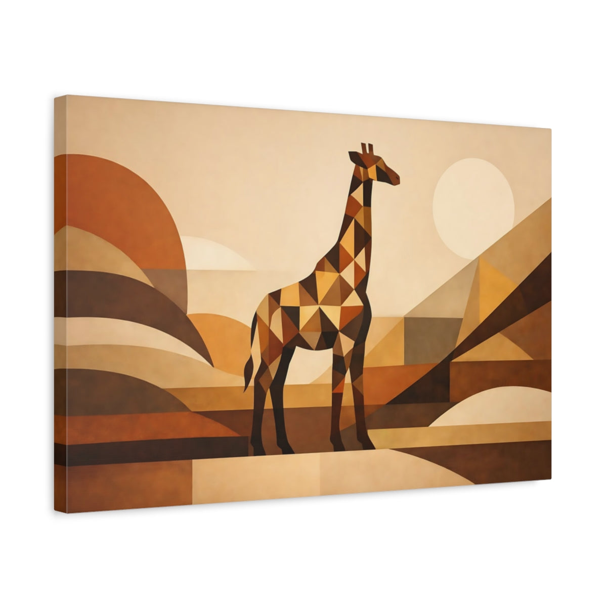 Side Mockup 3. Animals Giraffe Brown Geometric Giraffe shown as stretched canvas wall art