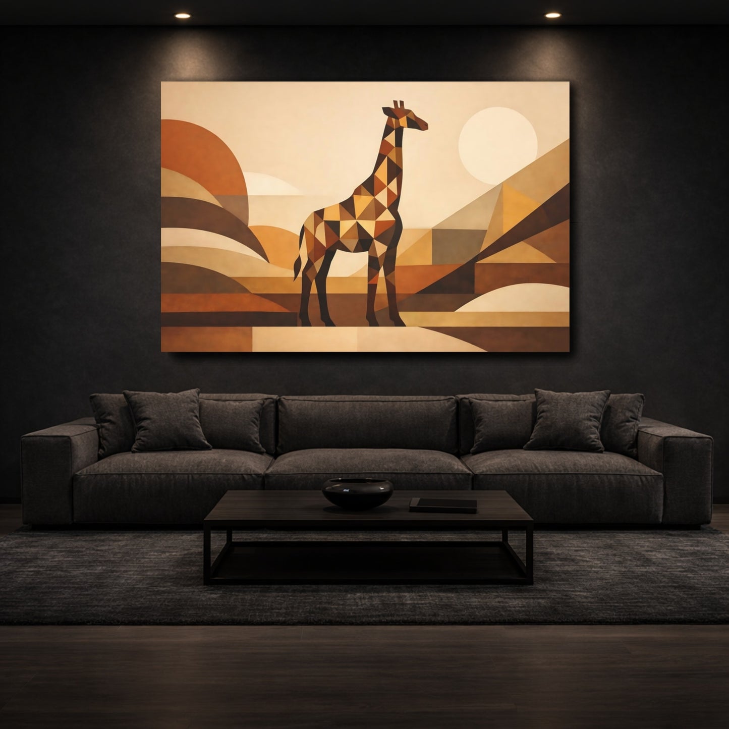 Mockup 2. Animals Giraffe Brown Geometric Giraffe shown as stretched canvas wall art