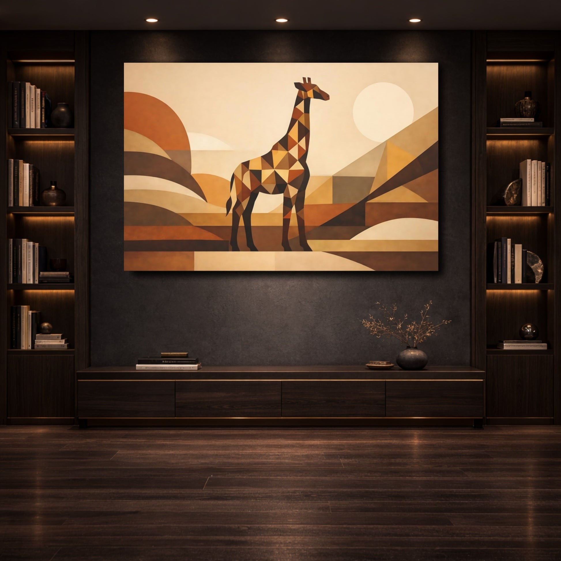Mockup 3. Animals Giraffe Brown Geometric Giraffe shown as stretched canvas wall art