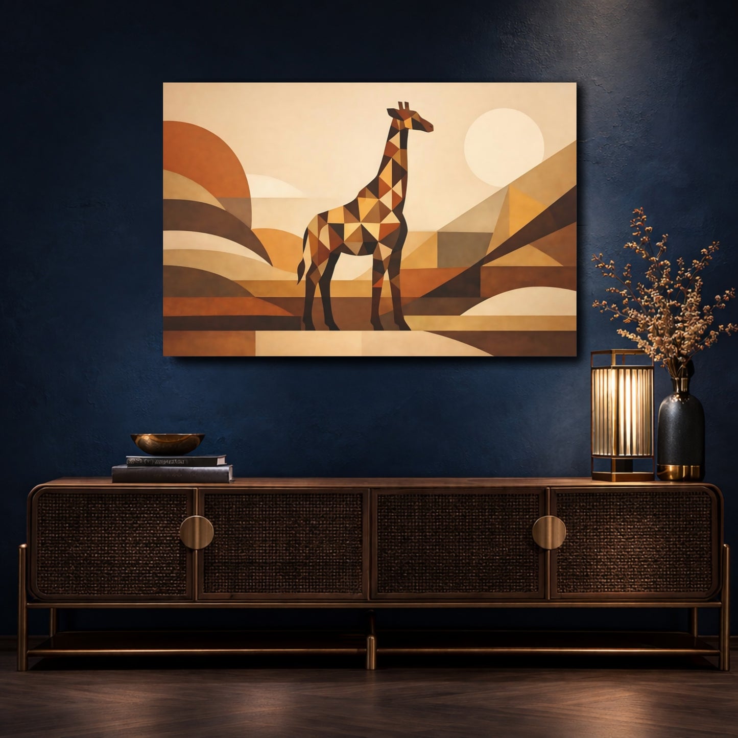 Mockup 4. Animals Giraffe Brown Geometric Giraffe shown as stretched canvas wall art